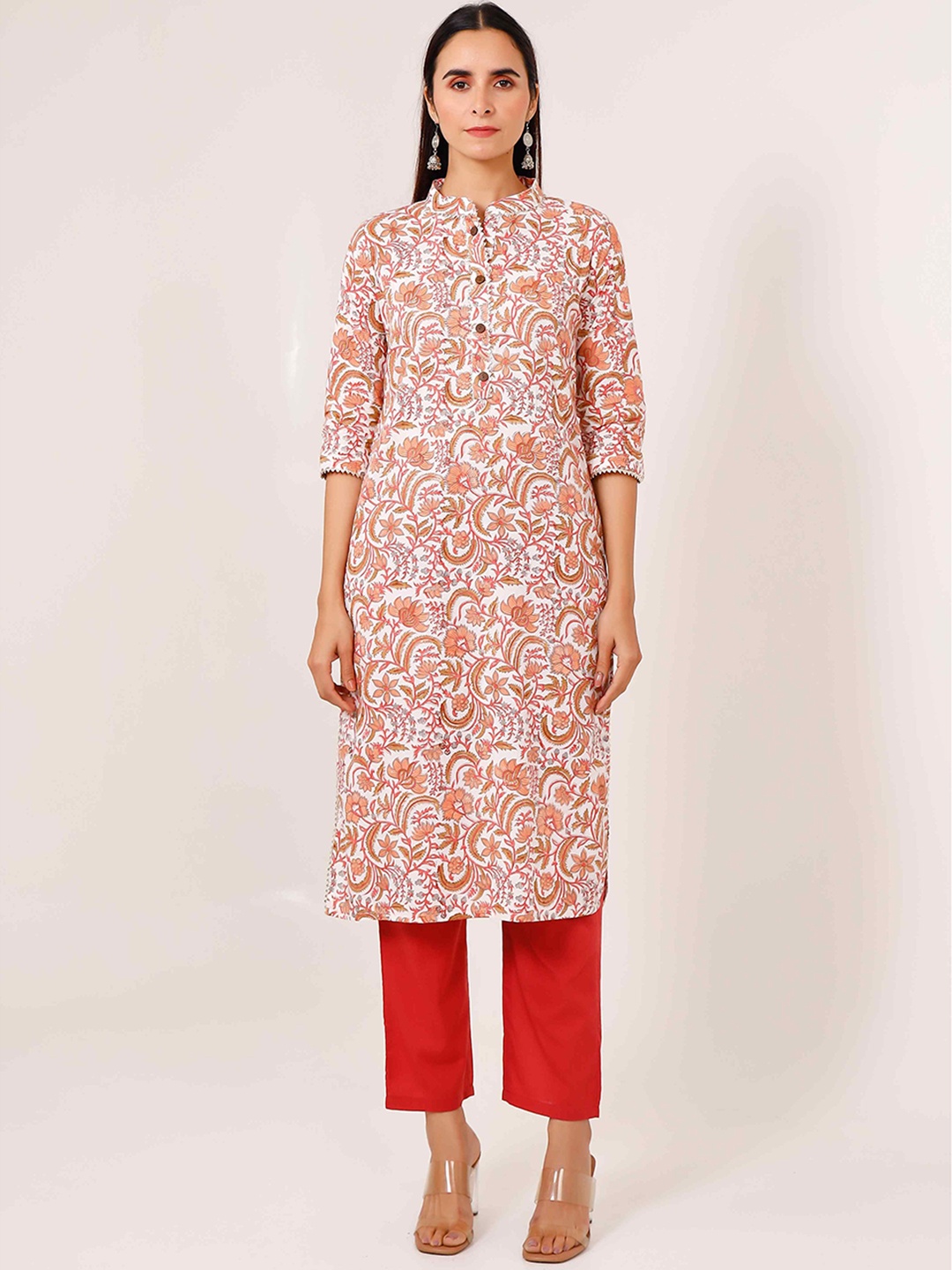 

PHEETA Floral Printed Gotta Patti Screen Pure Cotton Kurta with Trousers, Off white