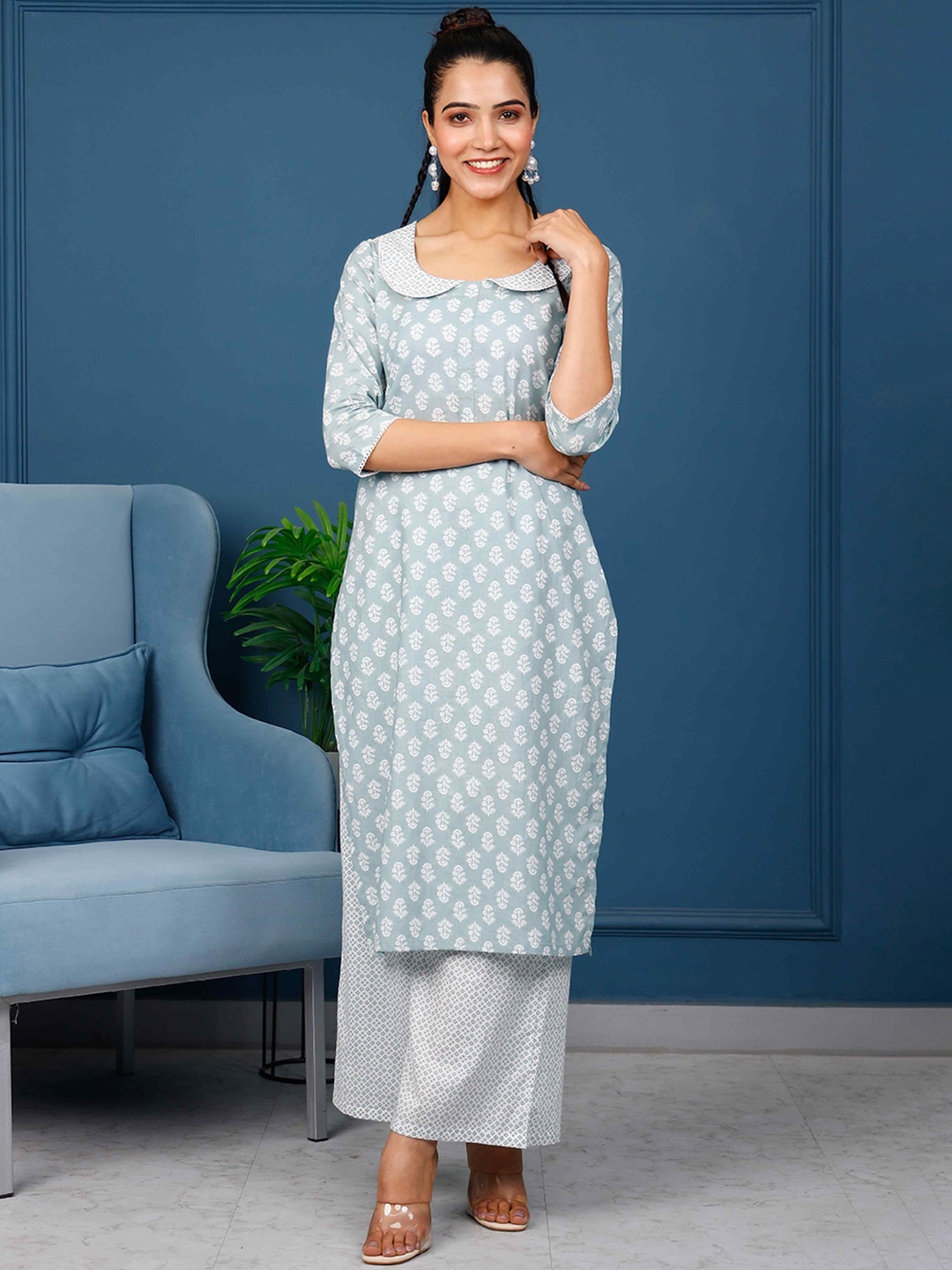 

PHEETA Ethnic Motifs Printed Screen Pure Cotton Kurta with Palazzos, Blue