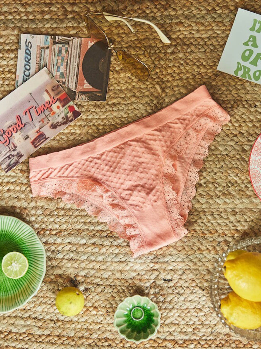 

Big Little Lemons Dotted Textured Lace Detailed Mid-Rise Bikni Brief BLL4662, Peach