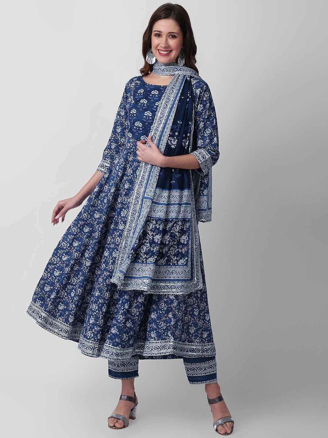 

KALINI Floral Printed Anarkali Pure Cotton Kurta with Palazzos & Dupatta, Navy blue