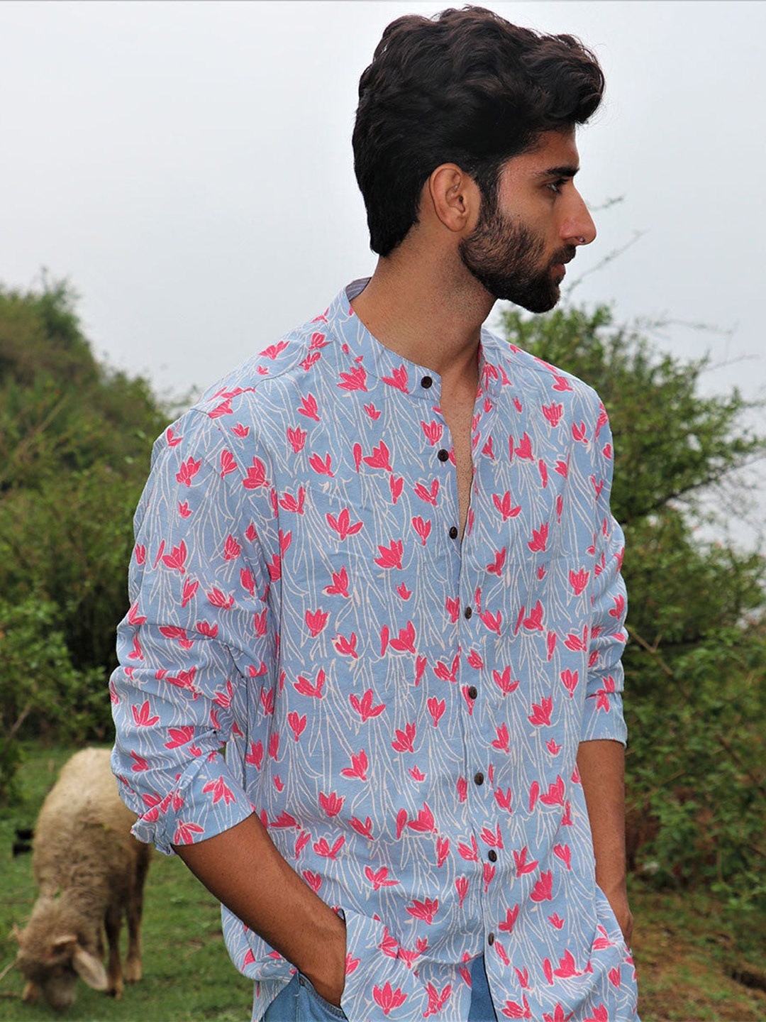 

Chidiyaa Standard Floral Printed Mandarin Collar Cotton Casual Shirt, Blue