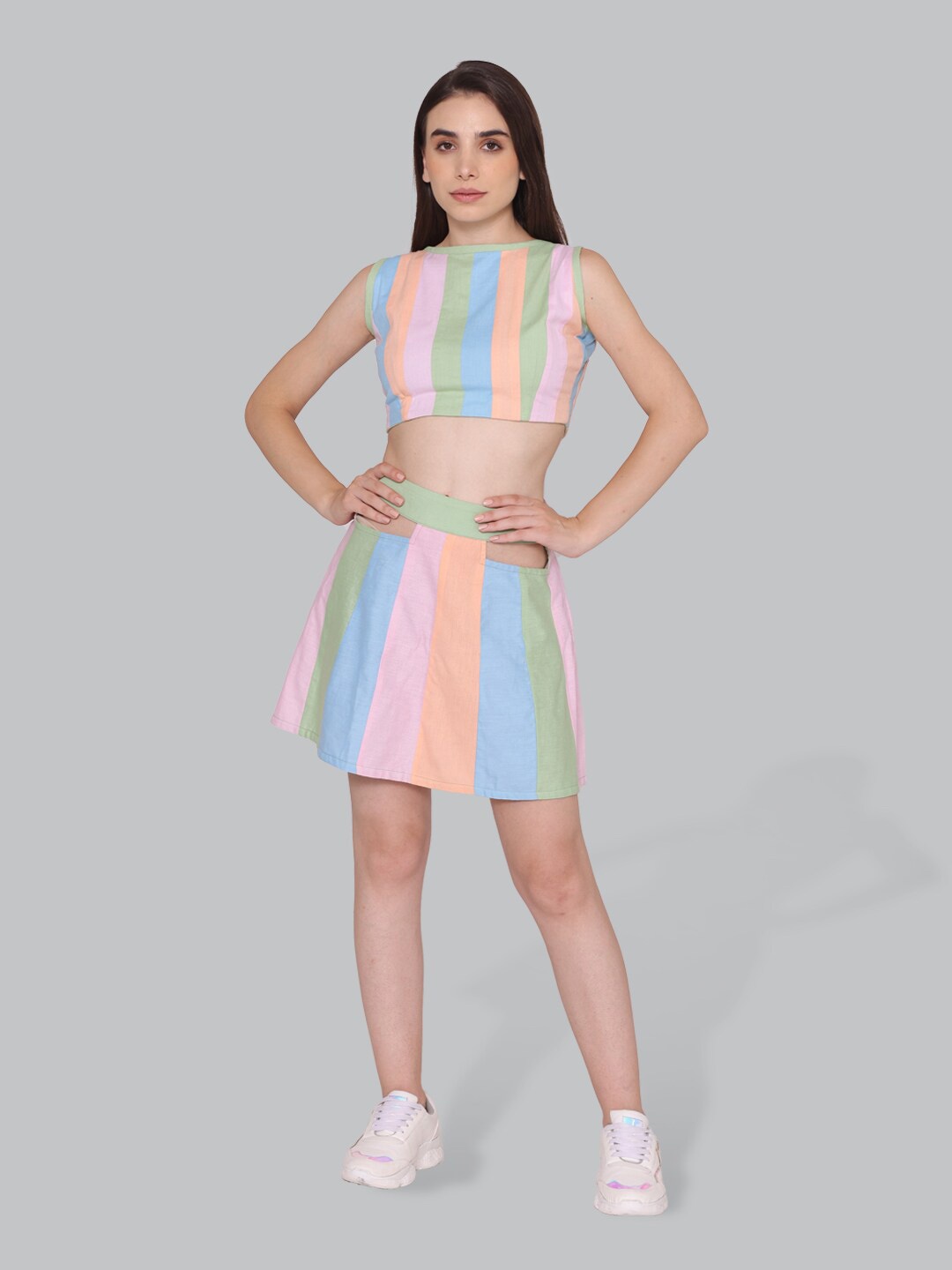 

CUFFS N LASHES Striped Sleeveless Crop Top With Skirt, Pink