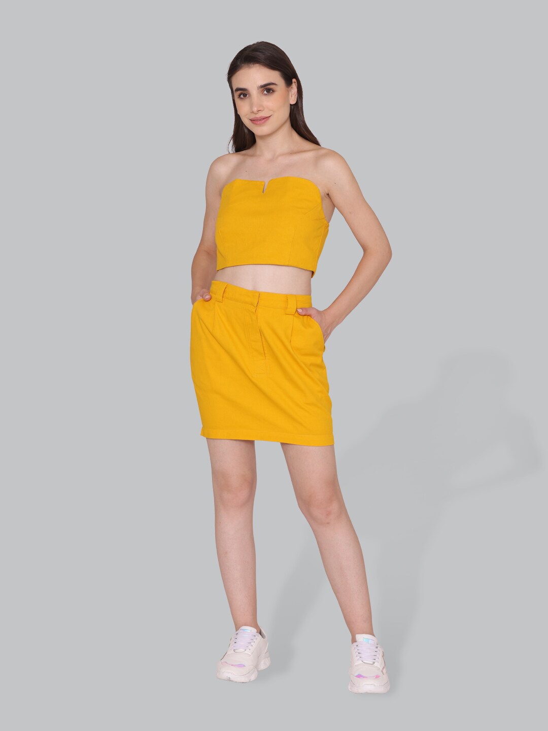 

CUFFS N LASHES Strapless Crop Top With Skirt, Mustard