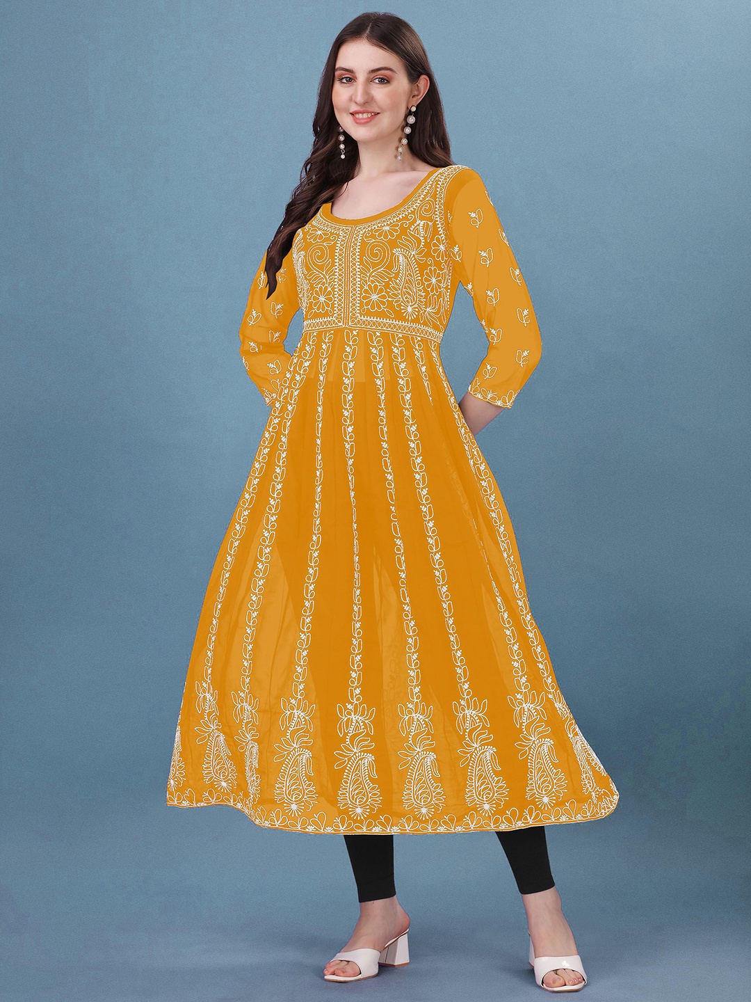 

Shree Ramkrishna Fab Ethnic Motifs Embroidered Georgette Anarkali Panelled Kurta, Mustard