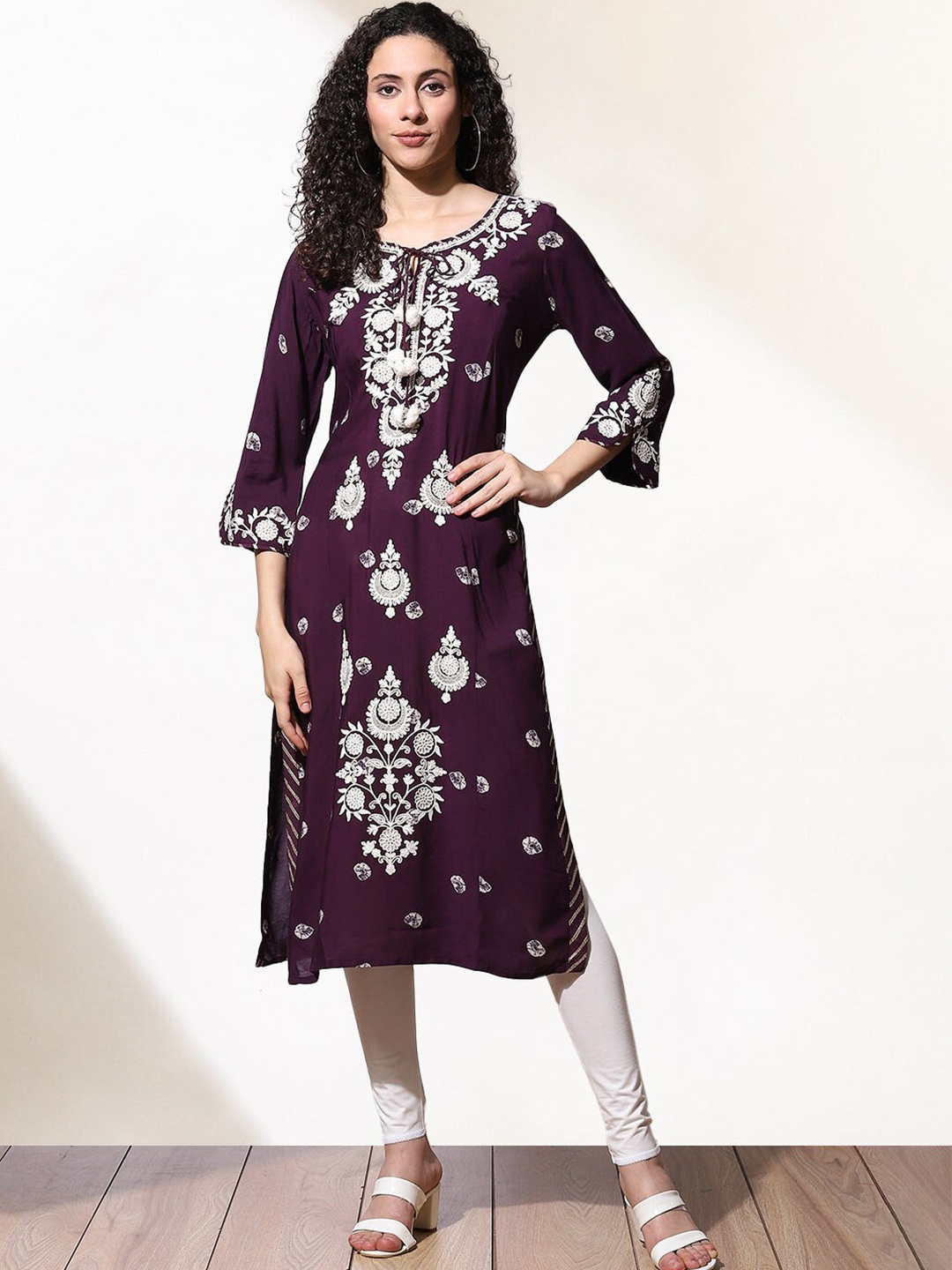 

Lakshita Women Floral Embroidered Tie-Up Neck A-Line Kurta, Purple