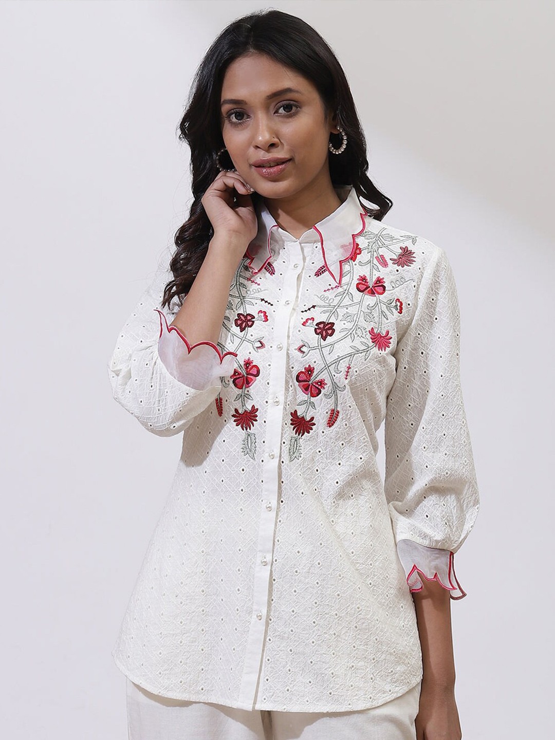 

Lakshita Women Floral Embroidered Puff Sleeves Contemporary Casual Shirt, White