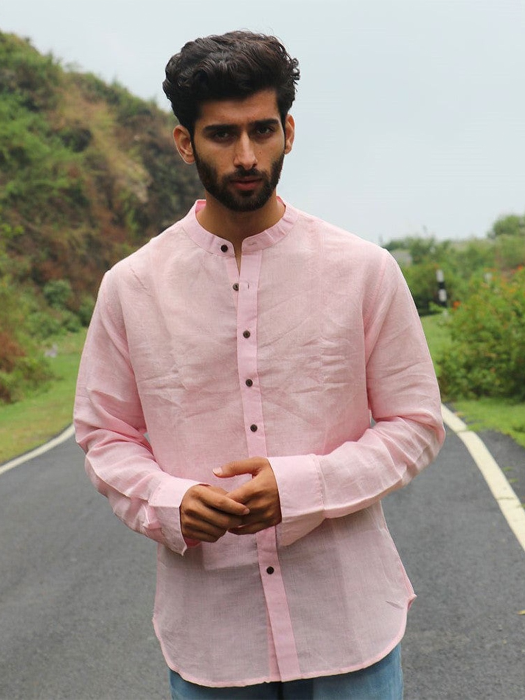

Chidiyaa Standard Mandarin Collar Linen Casual Shirt, Pink