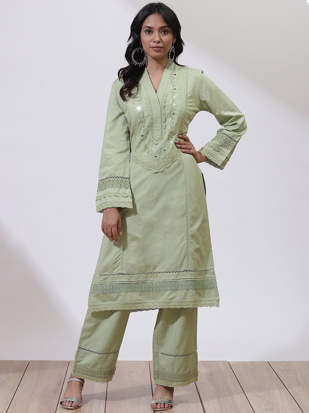 

Lakshita Yoke Design Mirror Work Kurta with Palazzos, Green