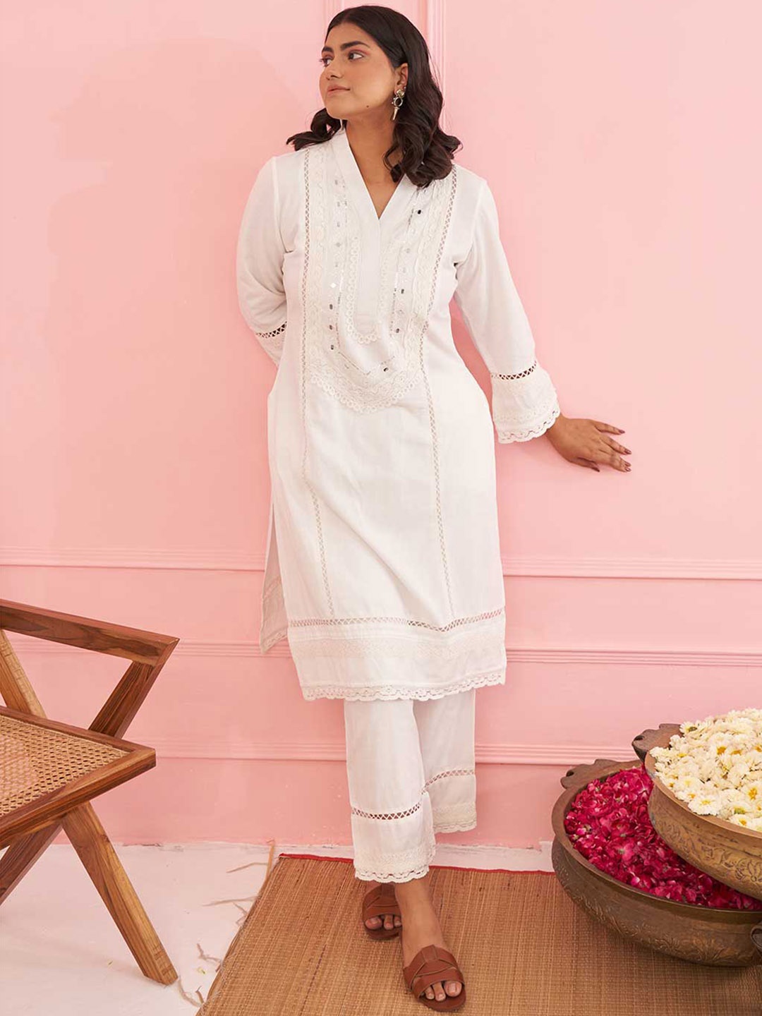 

Lakshita Embroidered Mirror Work Kurta with Palazzos, White