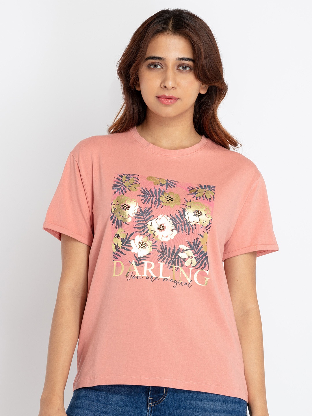 

Status Quo Round Neck Floral Printed T-shirt, Coral