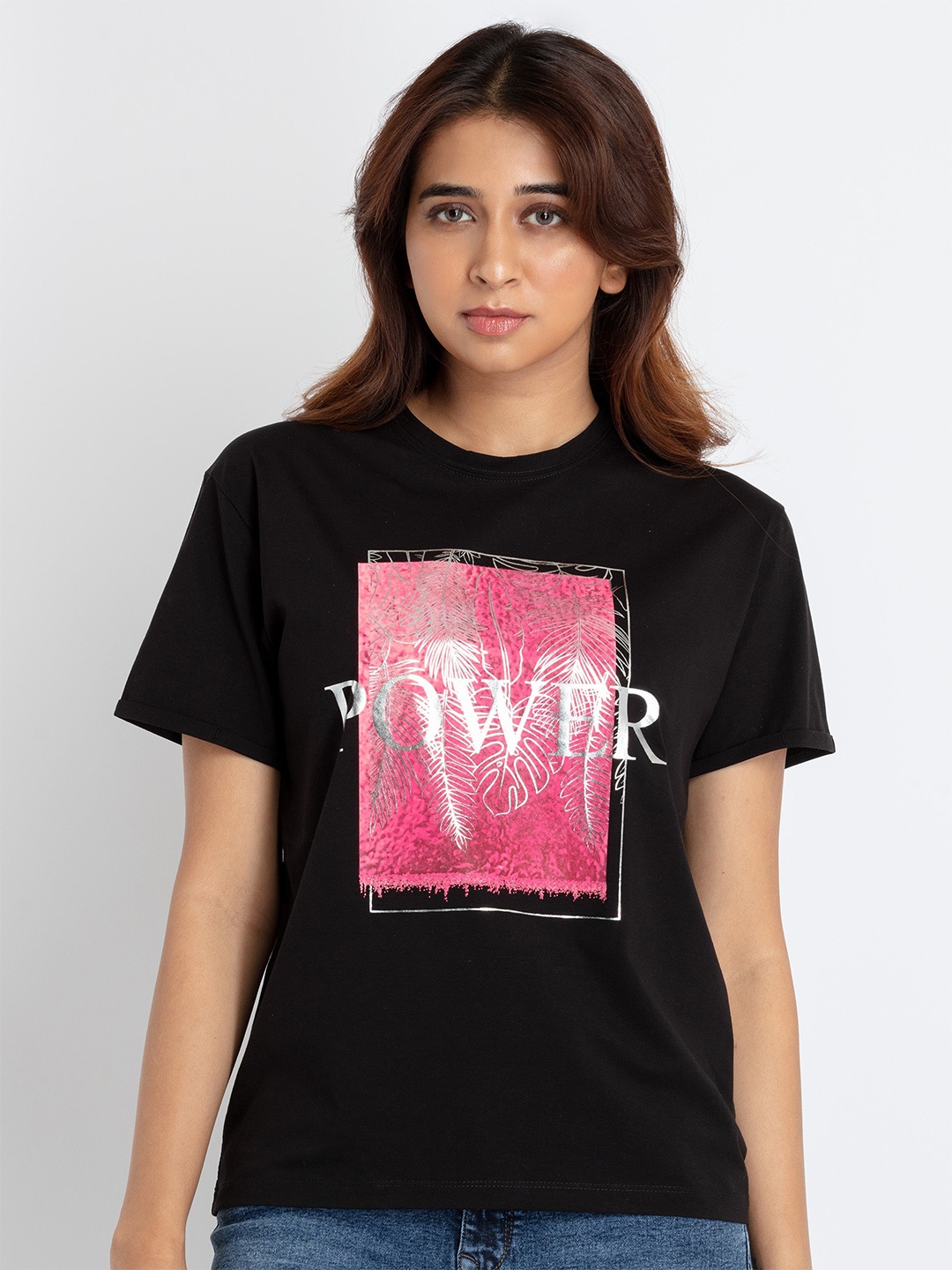 

Status Quo Women Cotton Typography Printed Round Neck T-shirt, Black