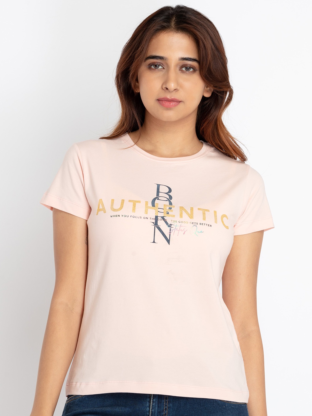 

Status Quo Round Neck Typography Printed T-shirt, Pink