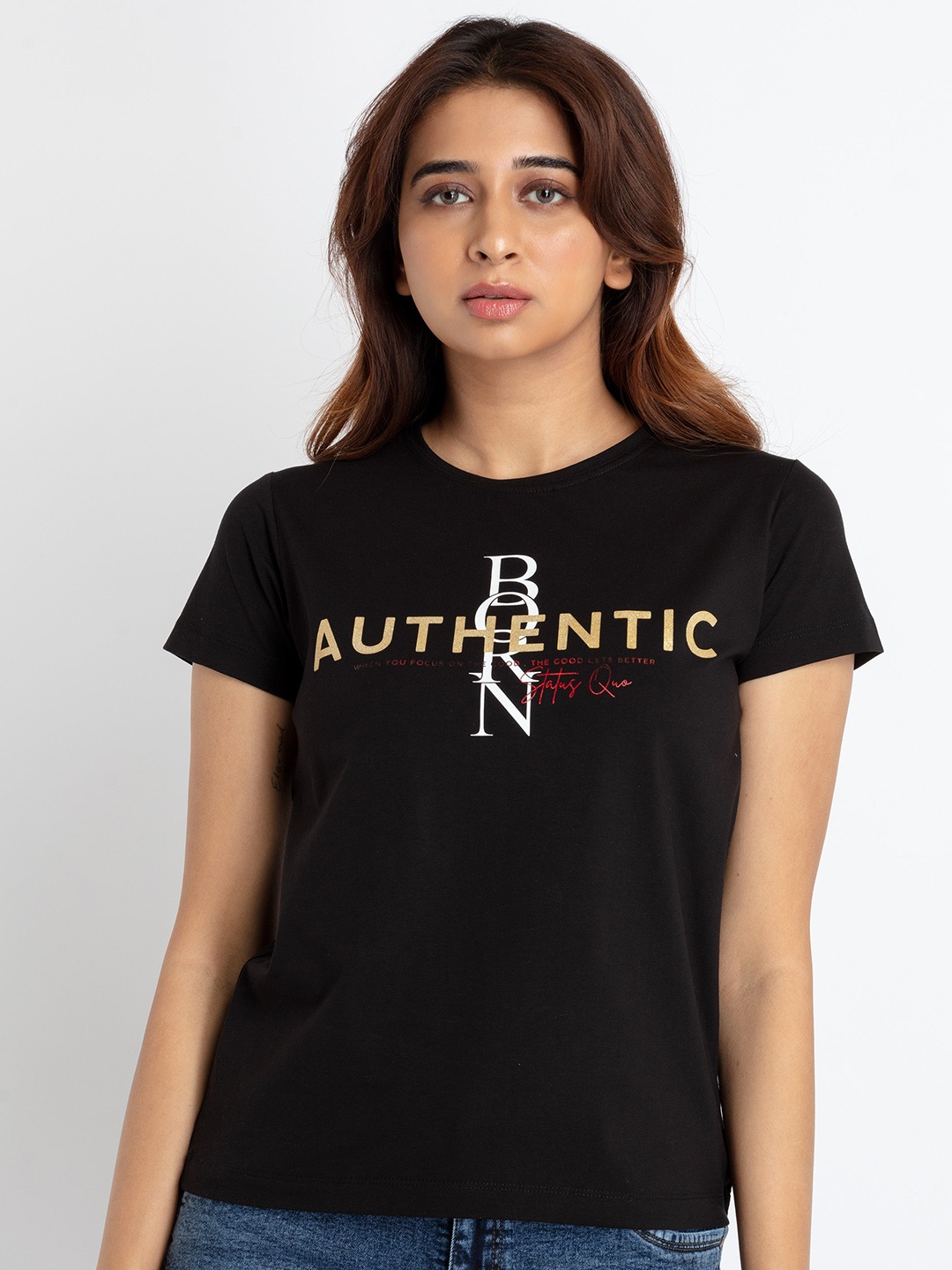 Status Quo Round Neck Typography Printed T-shirt, Black