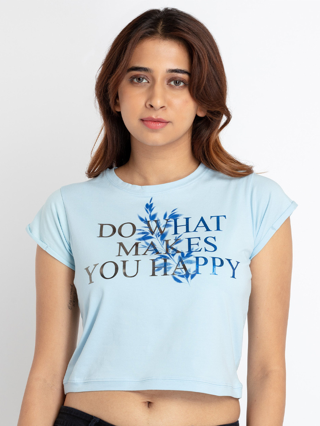 

Status Quo Typography Printed Cotton Crop T-shirt, Blue