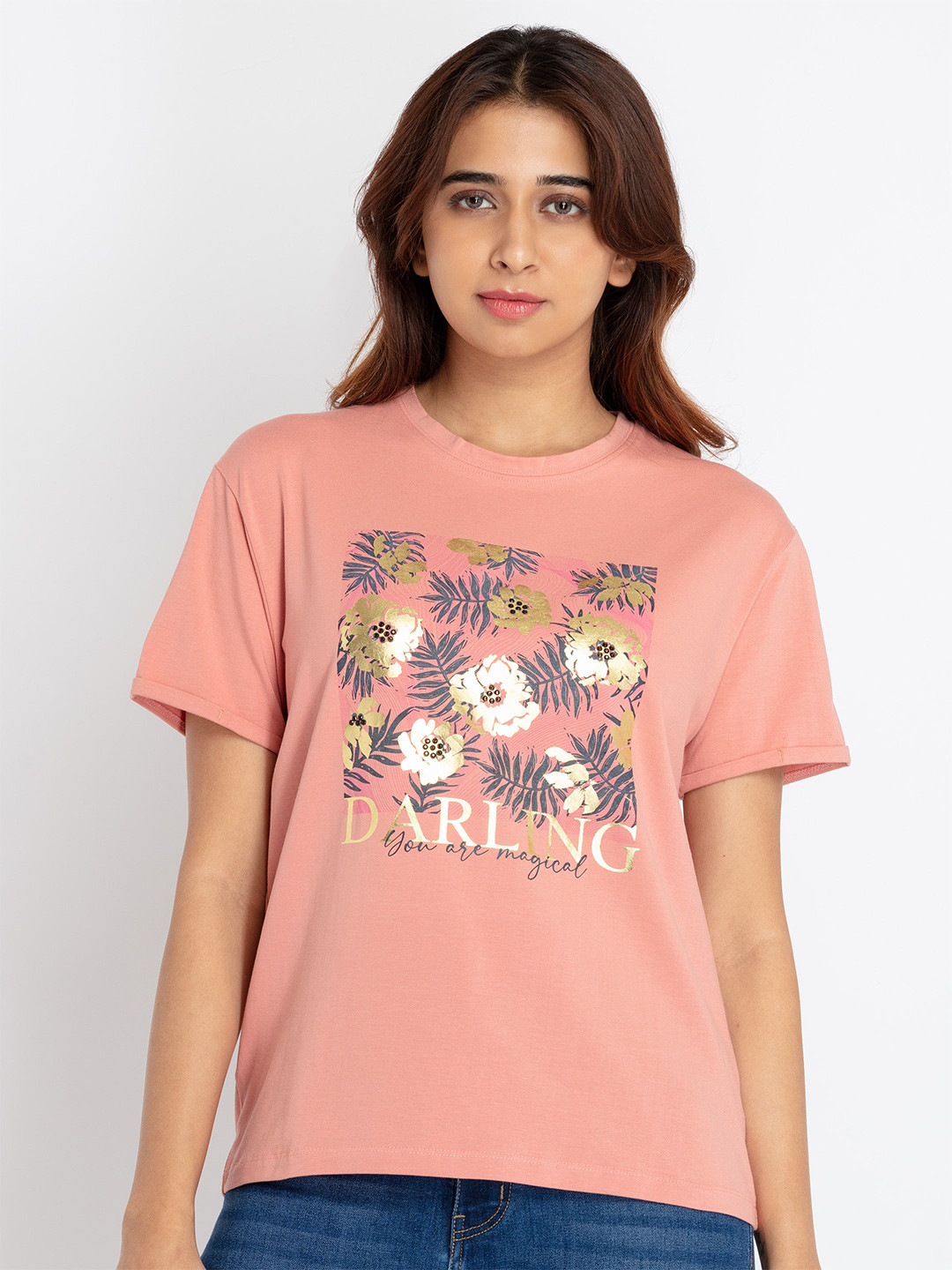 

Status Quo Women Floral Printed Cotton T-shirt, Peach