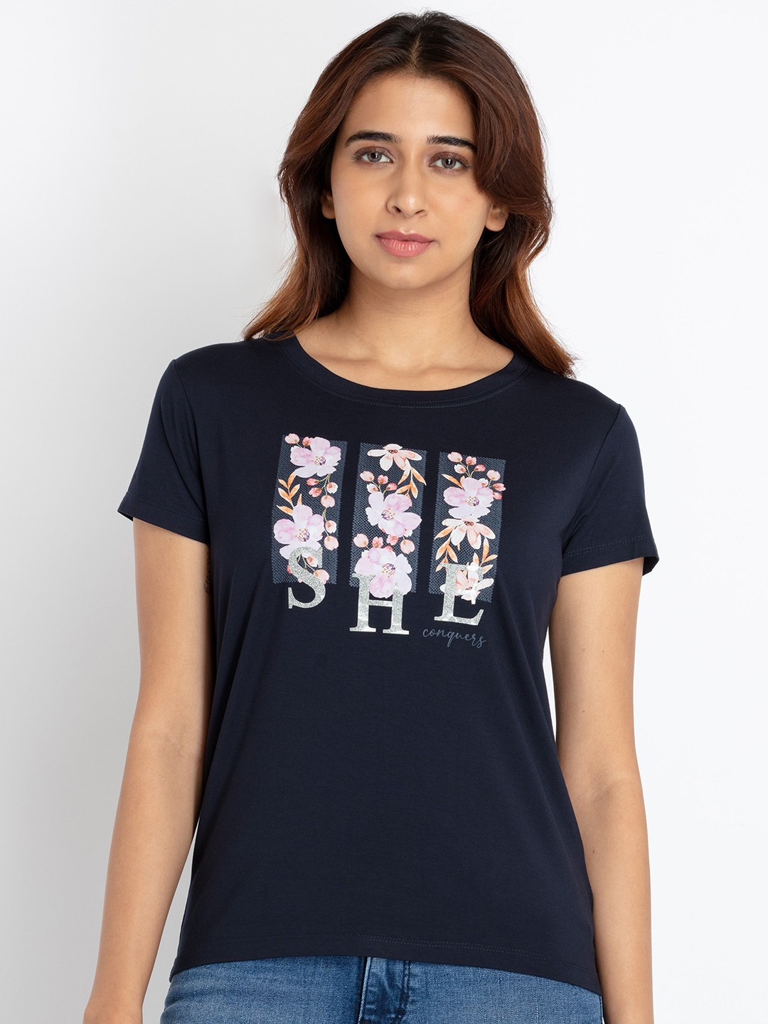 

Status Quo Round Neck Floral Printed T-shirt, Navy blue