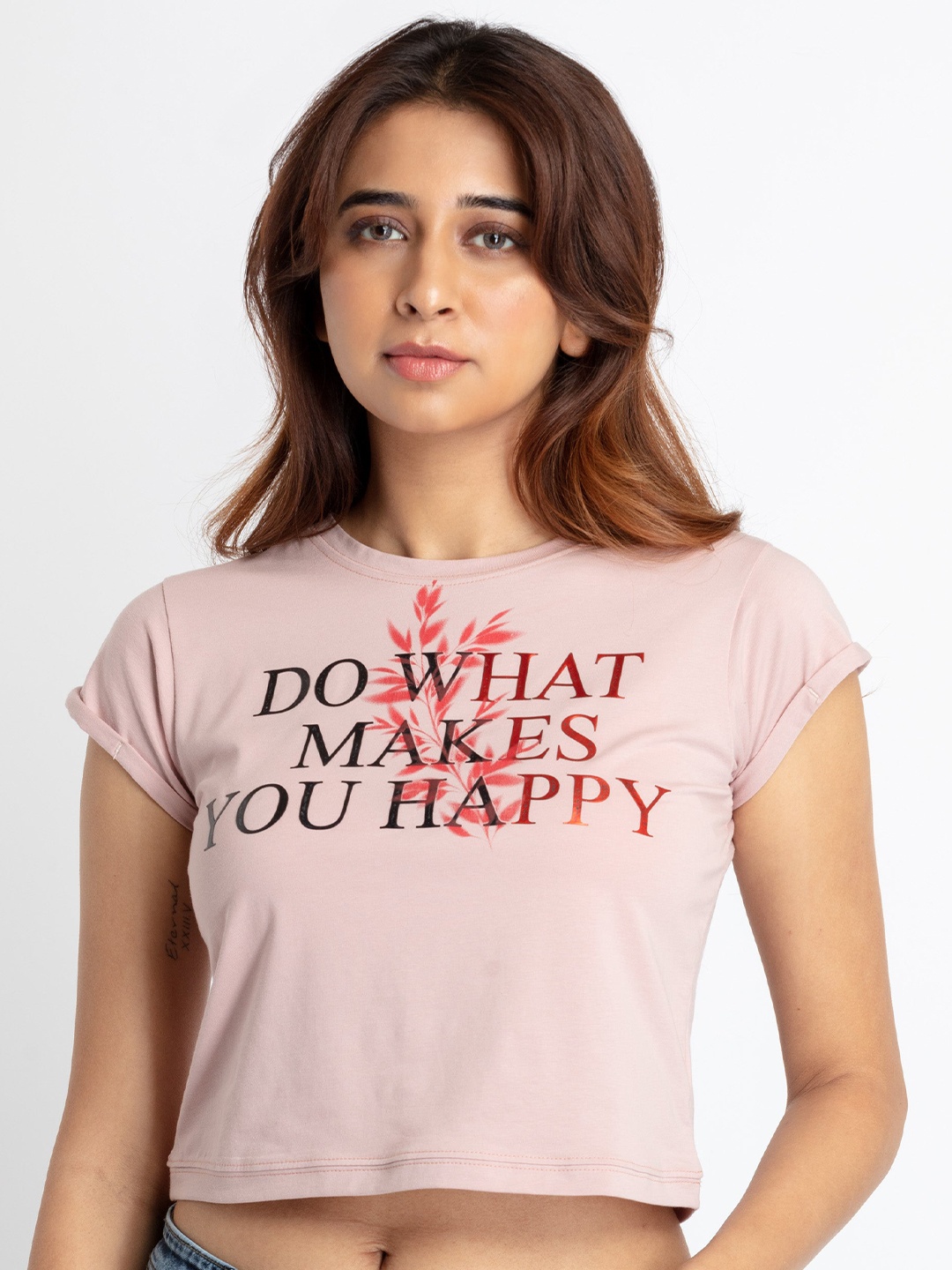 

Status Quo Round Neck Typography Printed Cotton Crop T-shirt, Coral