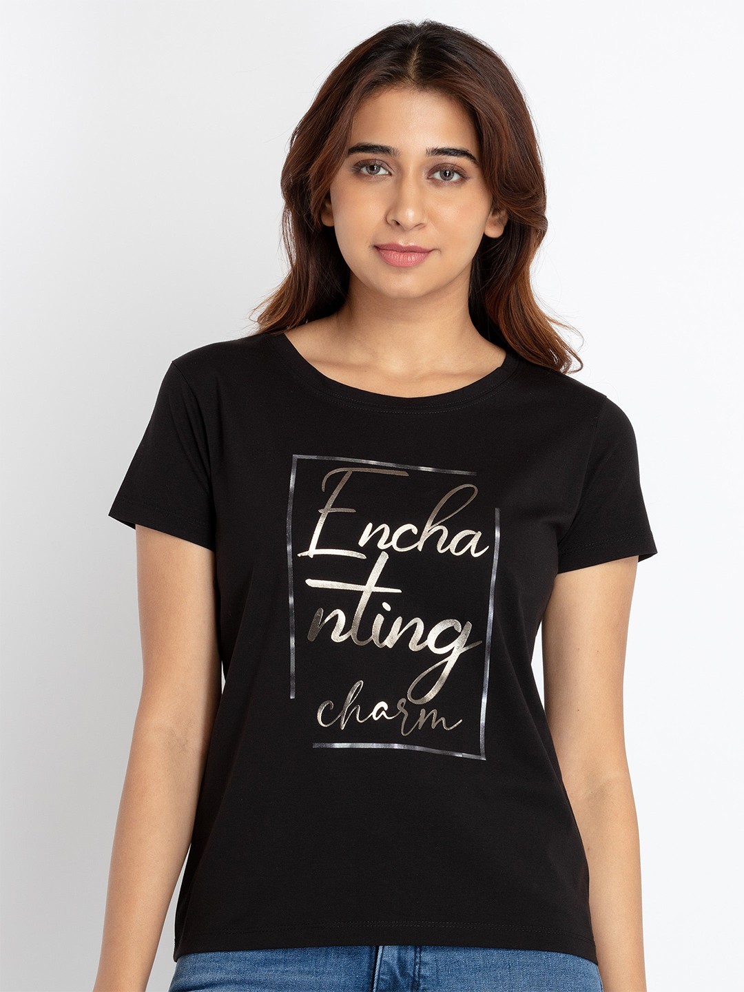 

Status Quo Women Typography Printed Cotton T-shirt, Black