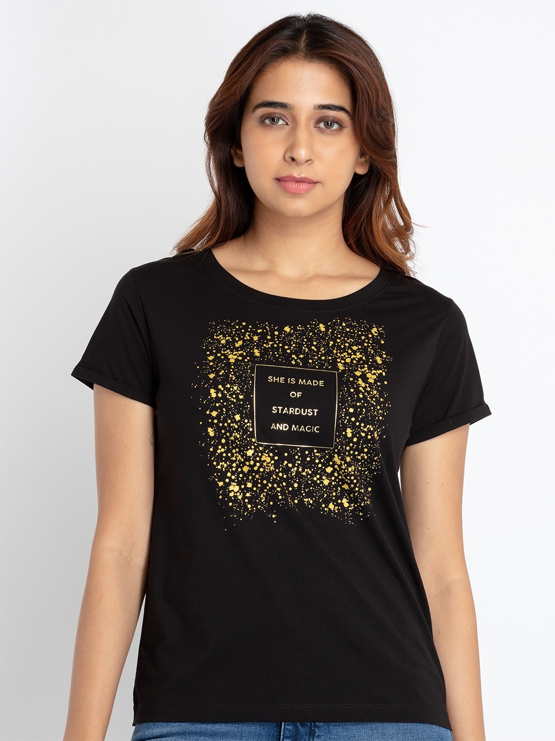 

Status Quo Women Typography Printed Cotton T-shirt, Black