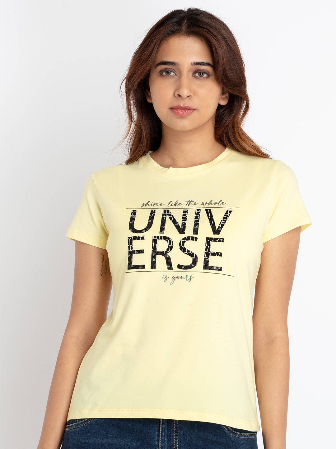 

Status Quo Women Typography Printed Cotton T-shirt, Yellow