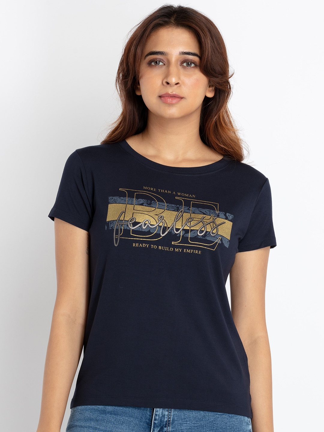 

Status Quo Round Neck Typography Printed Cotton T-shirt, Navy blue