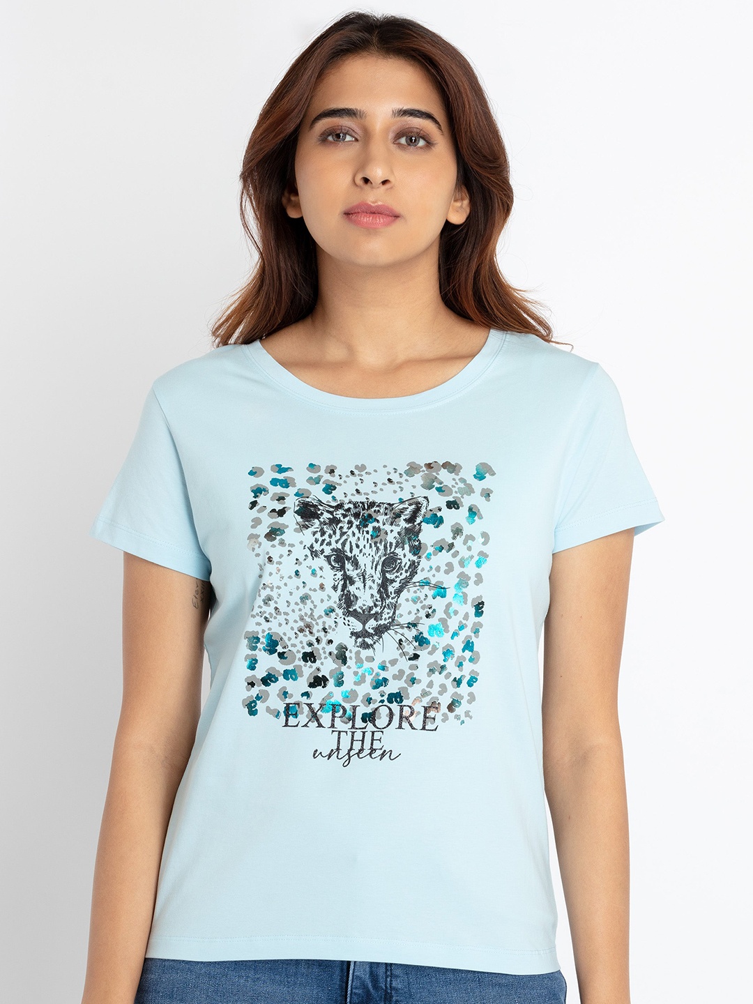 Status Quo Round Neck Typography Printed Cotton T-shirt, Blue