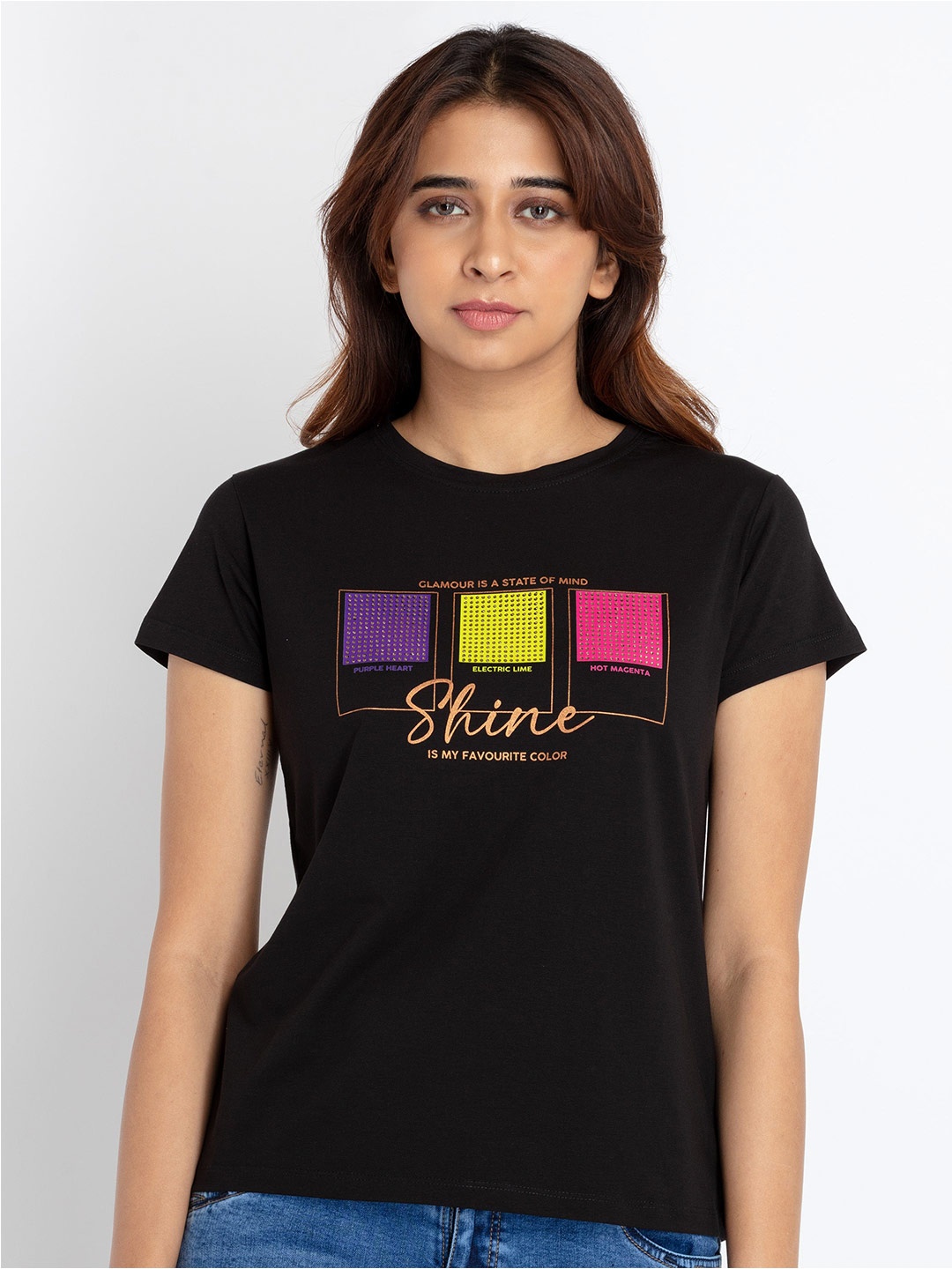 

Status Quo Round Neck Typography Printed Embellished T-shirt, Black