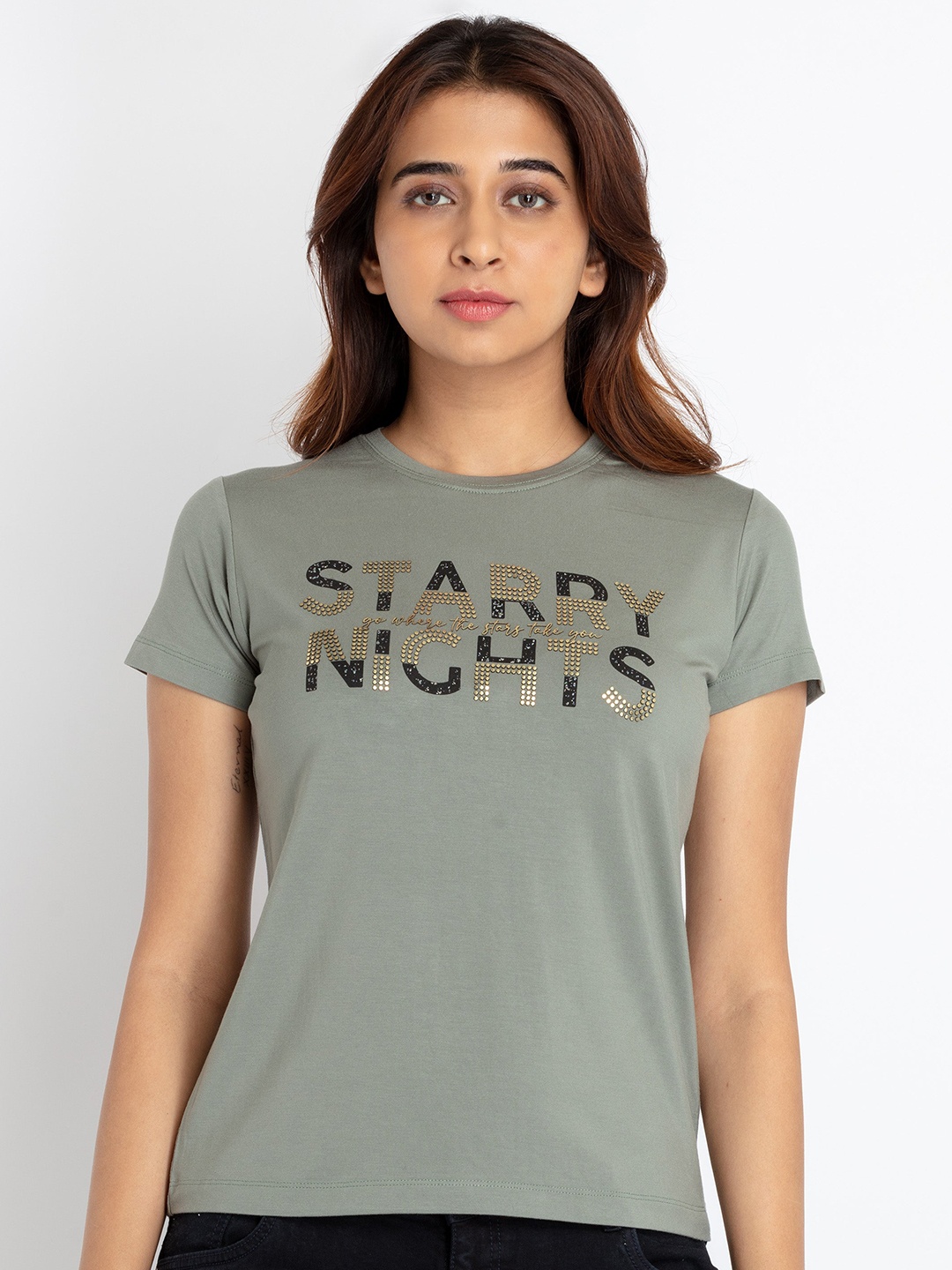 

Status Quo Typography Printed Embellished Cotton T-shirt, Green