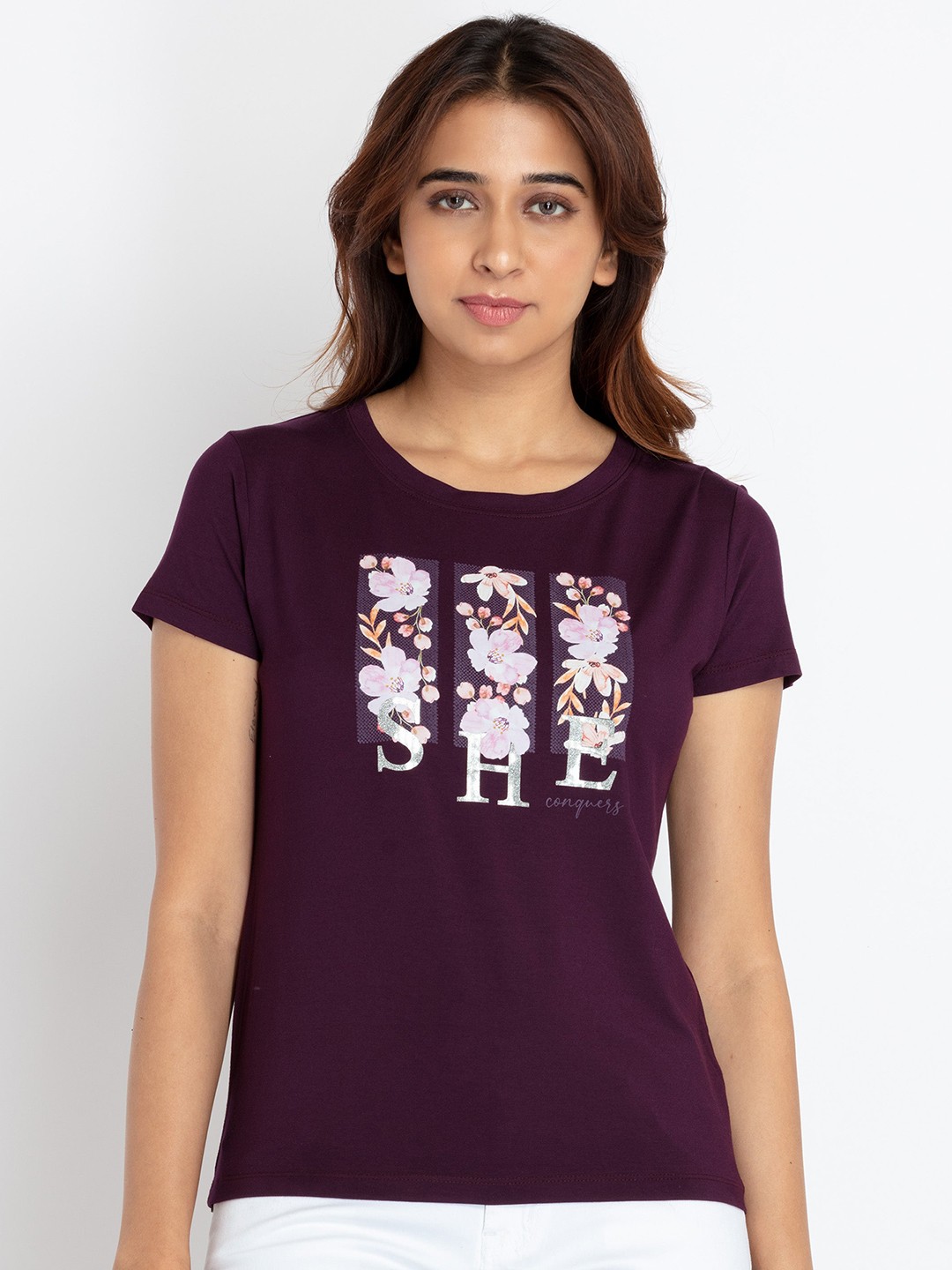 

Status Quo Round Neck Floral Printed Cotton T-shirt, Burgundy