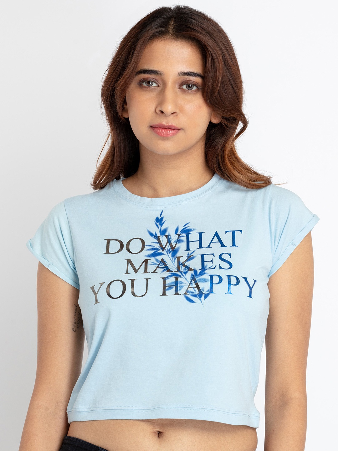 

Status Quo Typography Printed Cotton Crop T-shirt, Blue