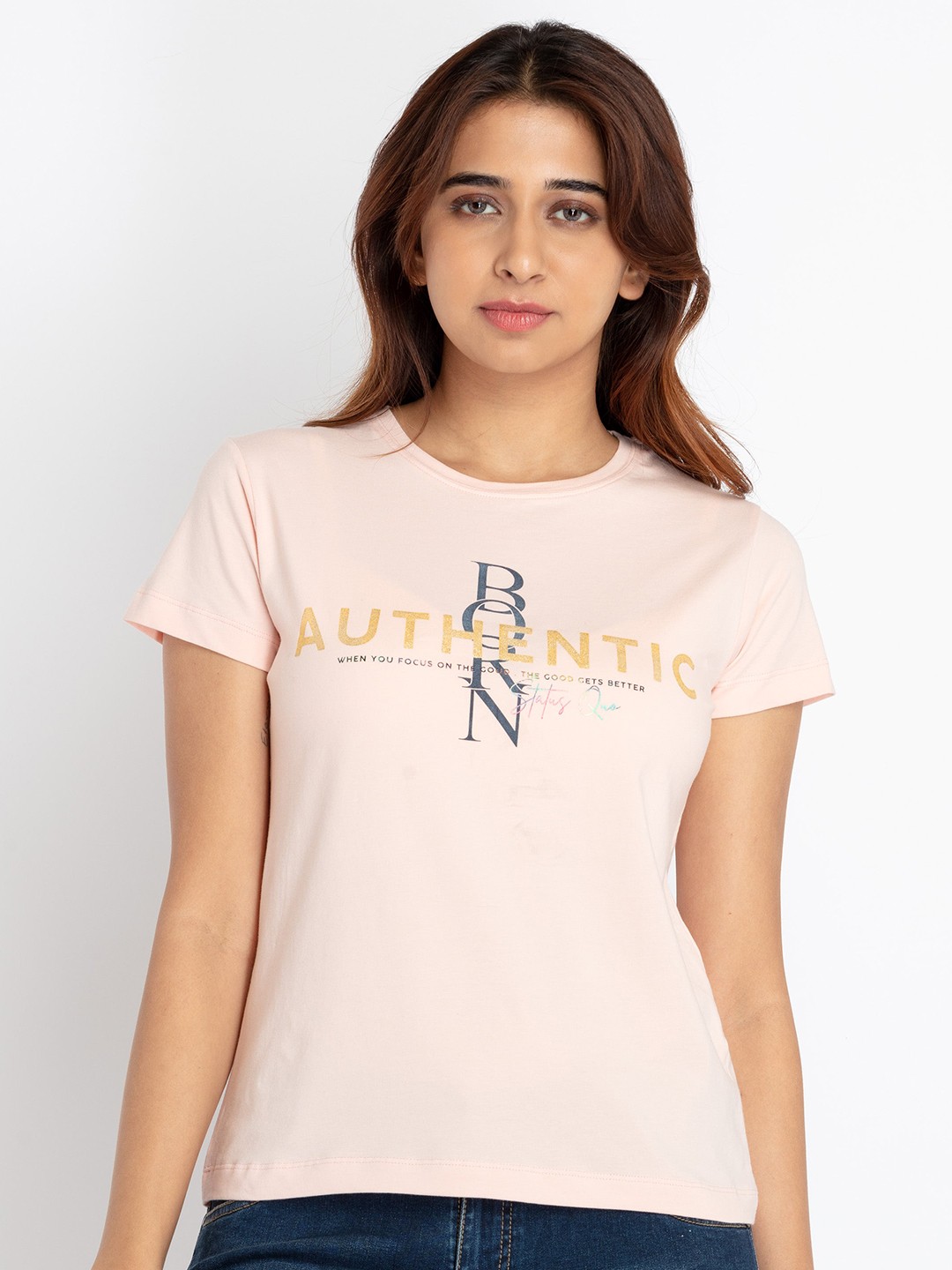 

Status Quo Round Neck Typography Printed T-shirt, Pink