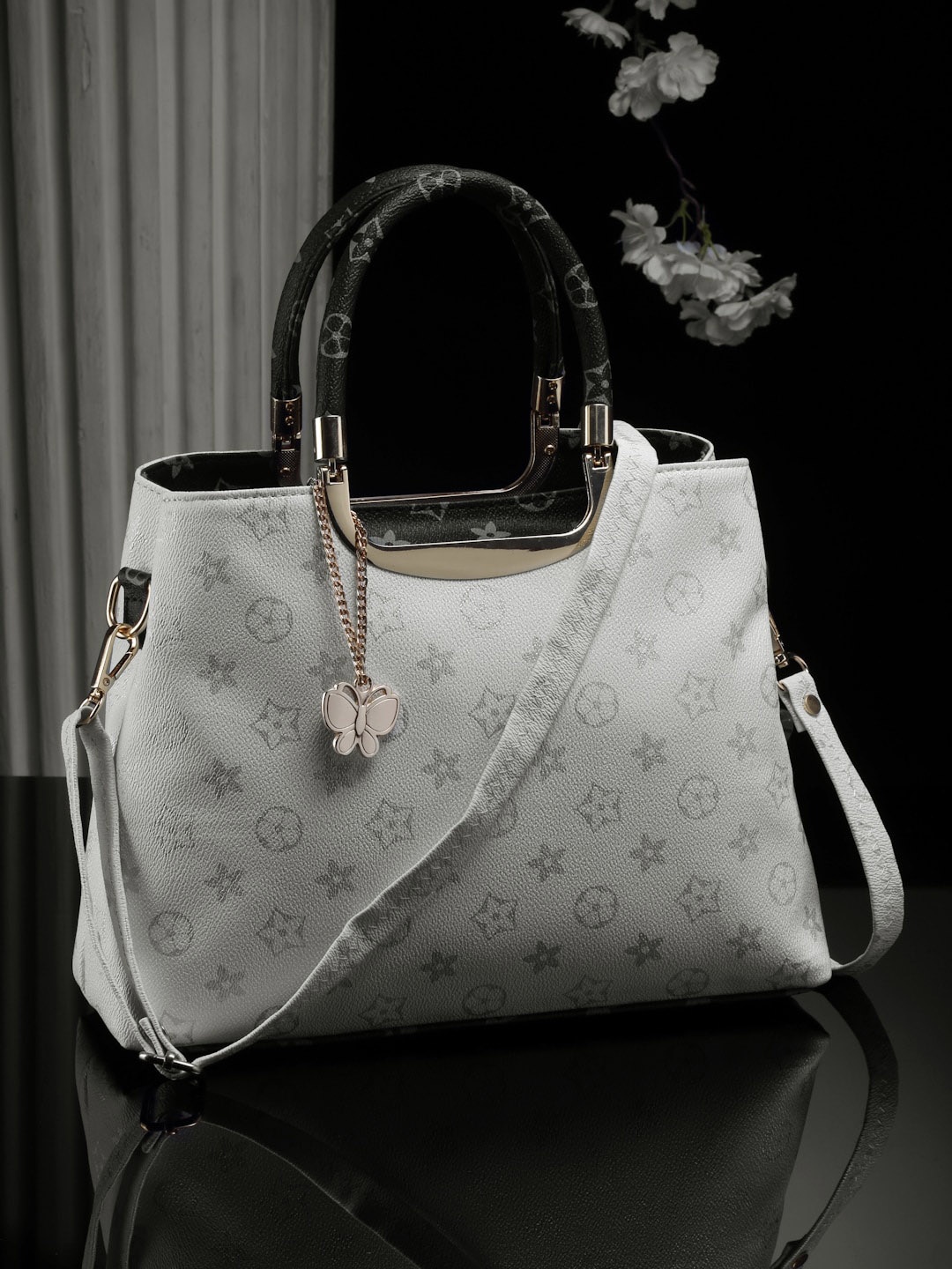 

Butterflies Embellished PU Shopper Handheld Bag with Quilted, White