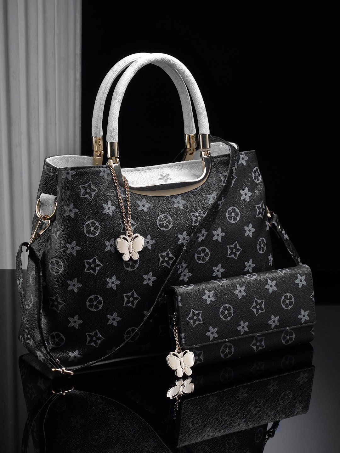 

Butterflies Set of 2 Printed Structured Handheld Bag With Wallet, Black