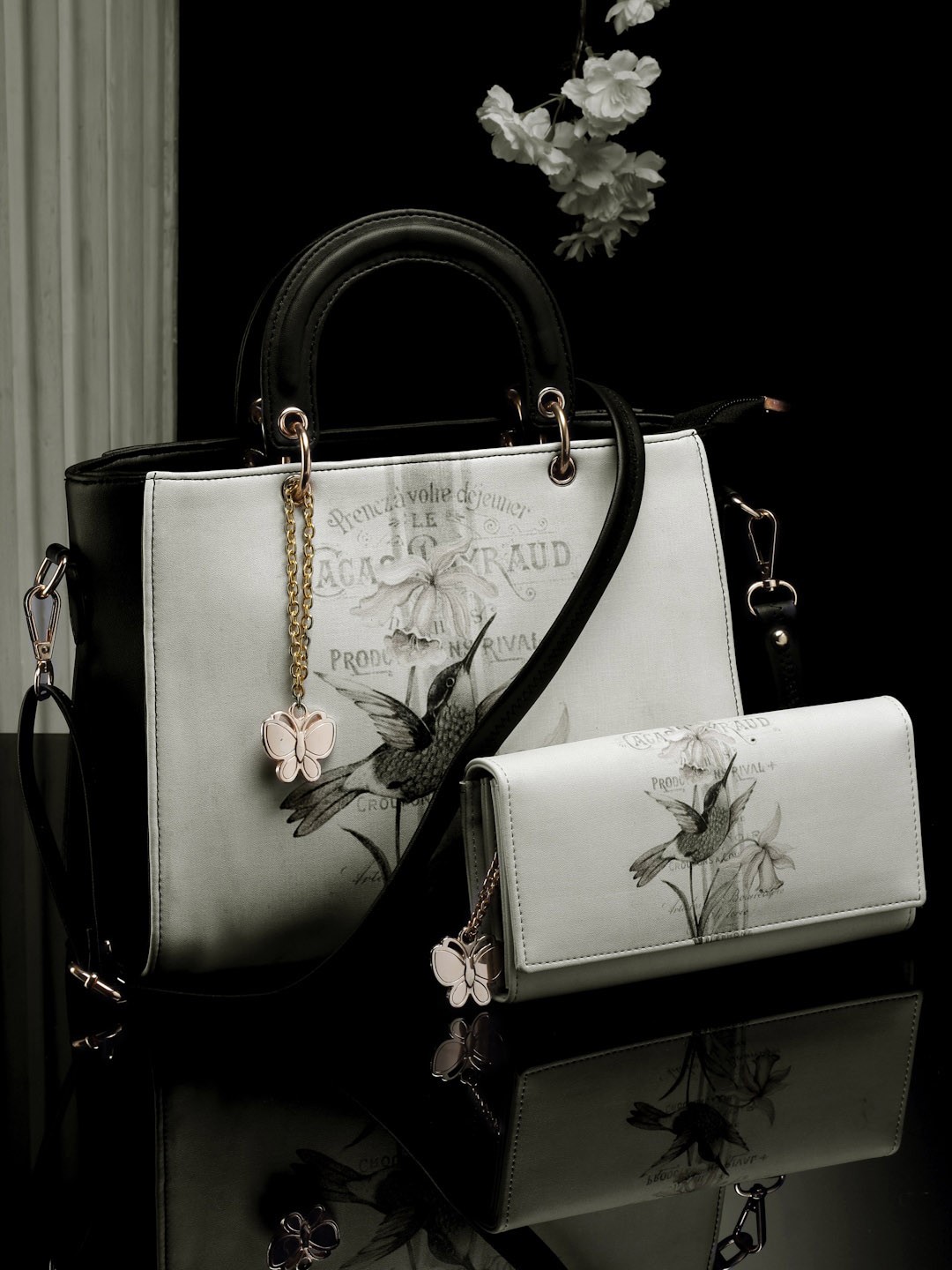 

Butterflies Set Of 2 Structured Handheld Bag With Wallet, White