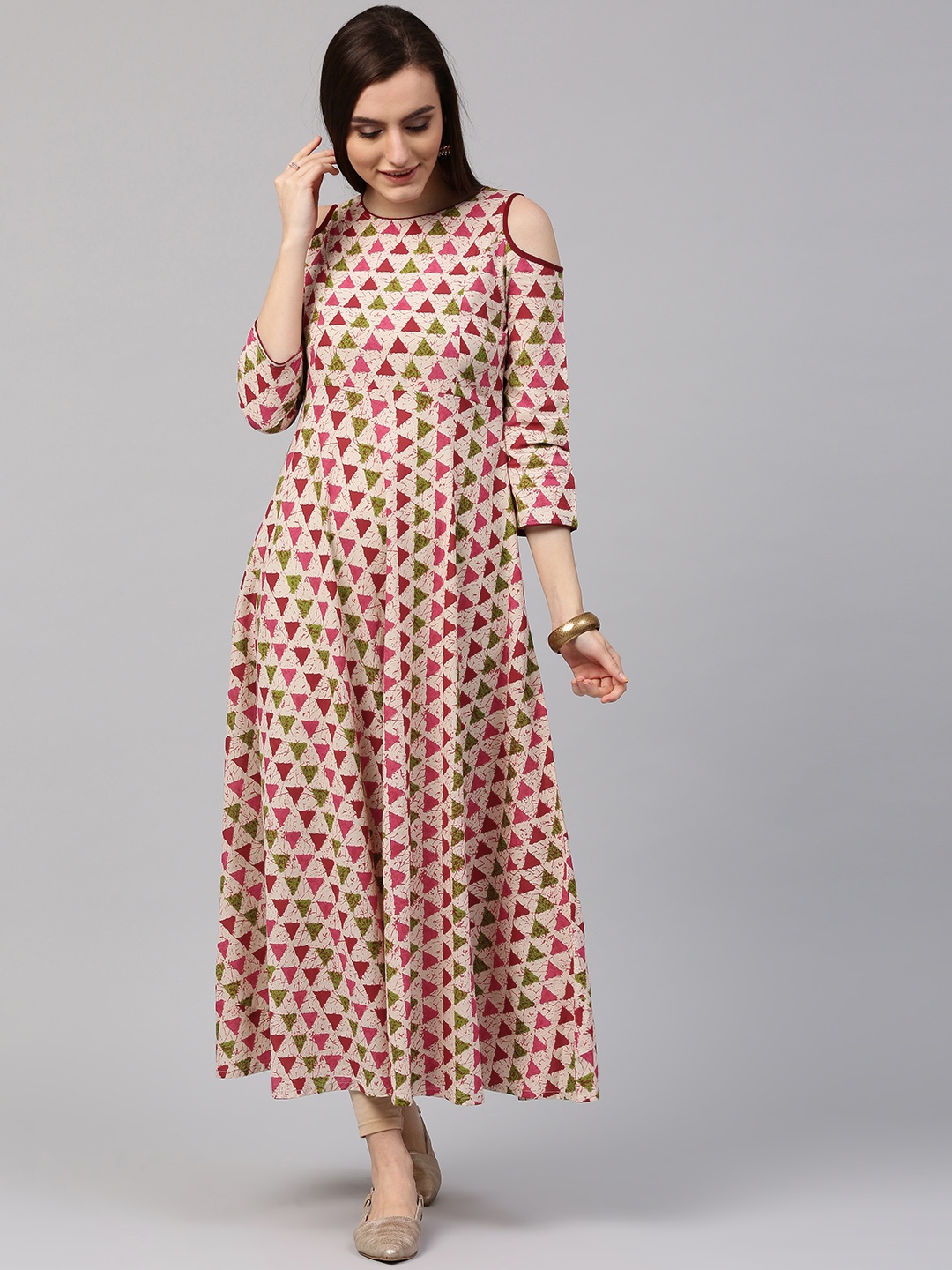 

Nayo Women Off-White & Pink Printed A-Line Kurta