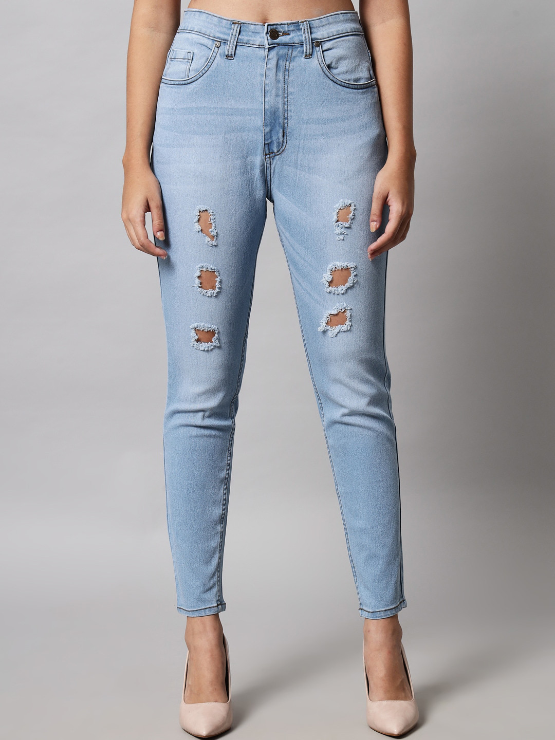 

GUTI Women Skinny Fit High-Rise Mildly Distressed Light Fade Stretchable Cotton Jeans, Blue
