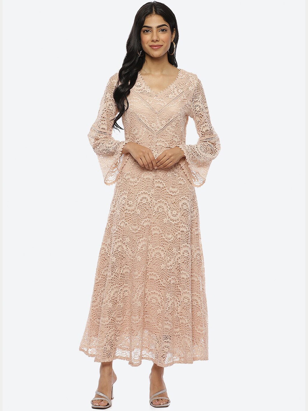 

Lakshita Phool Collection V-Neck Bell Sleeve Lace Self Design Fit & Flare Maxi Dress, Peach