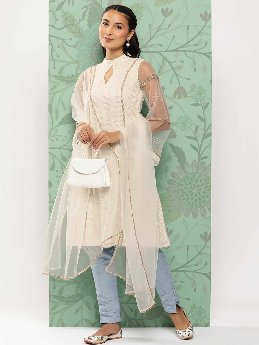 

Ethnovog Gotta Patti Kurta with Trousers & With Dupatta, White