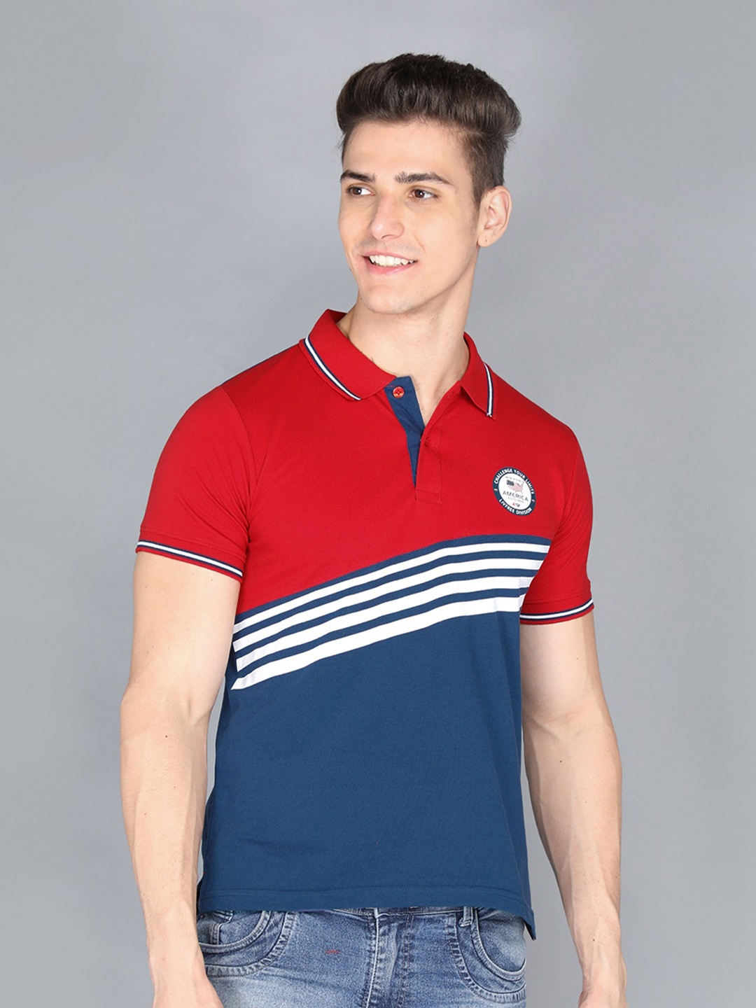 

LIVFREE Striped Colourblocked Polo Collar T-shirt, Blue