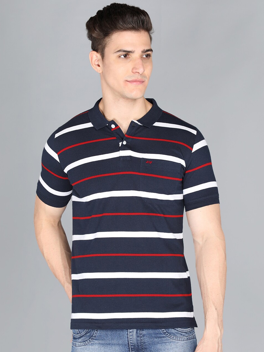

LIVFREE Striped Nautical Polo Collar T-shirt, Navy blue