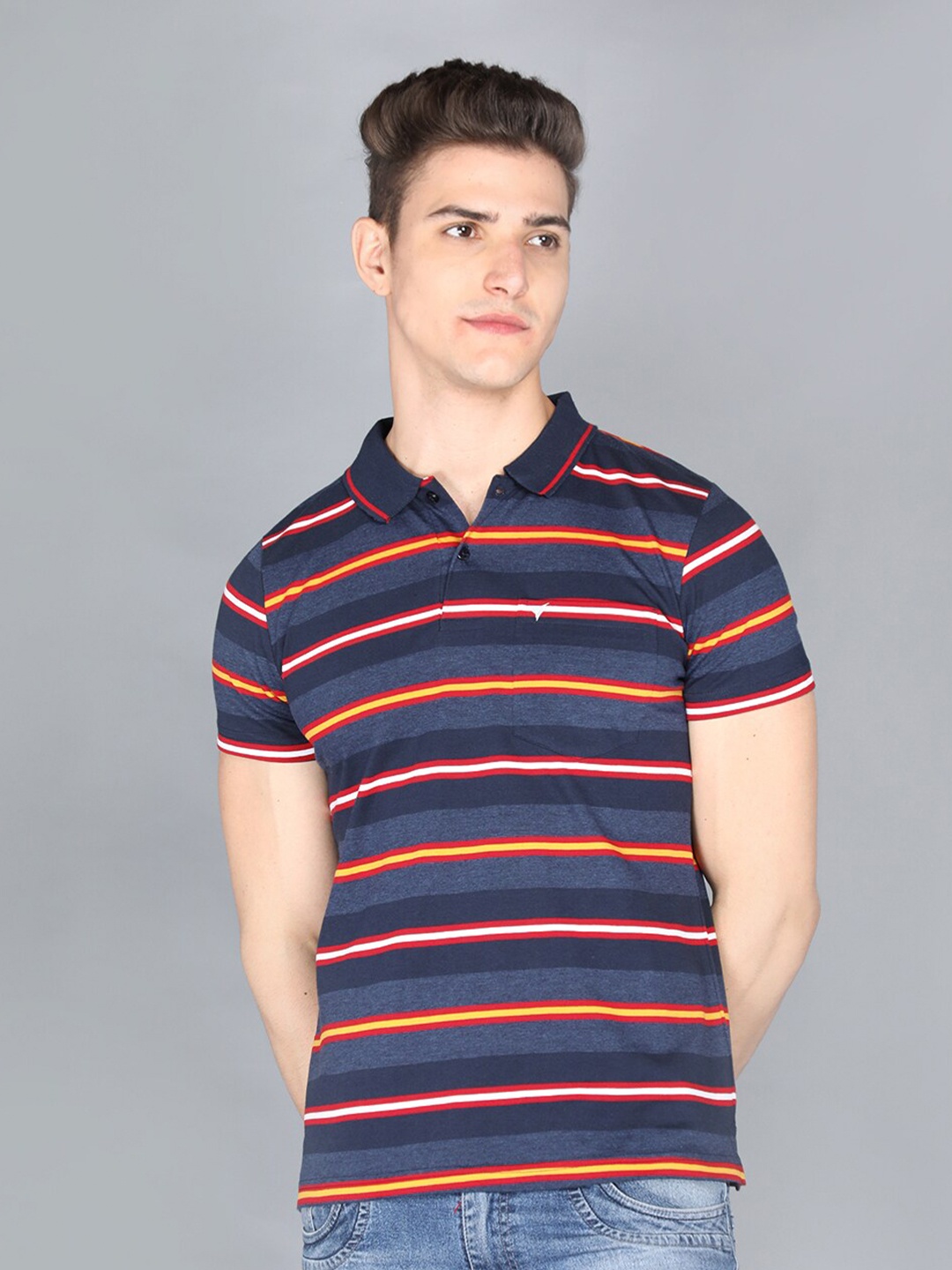 

LIVFREE Striped Polo Collar T-shirt, Navy blue