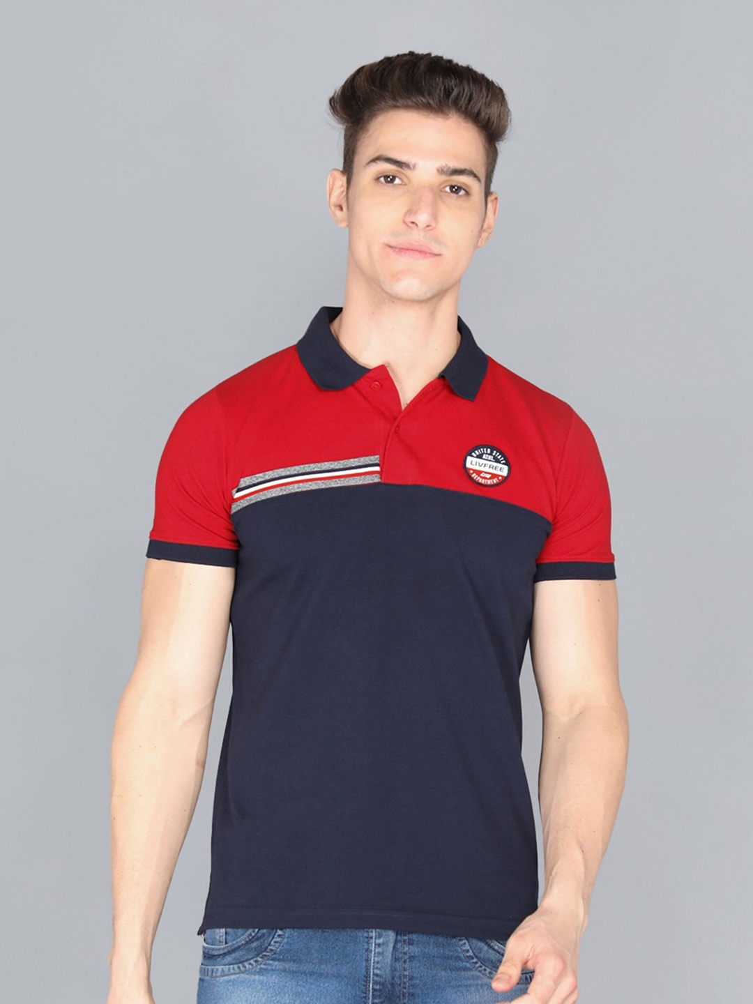 

LIVFREE Colourblocked Polo Collar T-shirt, Red