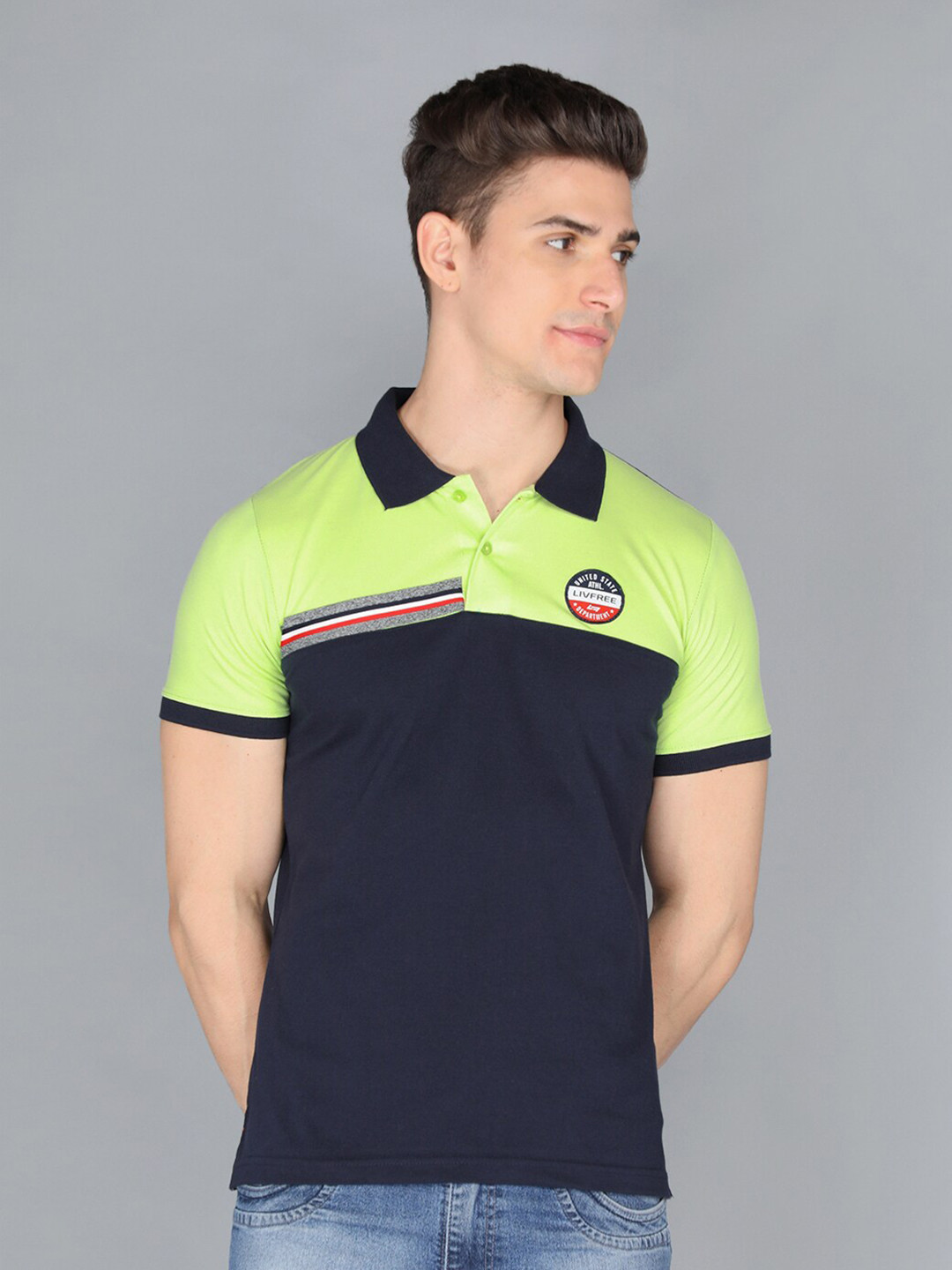 

LIVFREE Colourblocked Polo Collar T-shirt, Fluorescent green