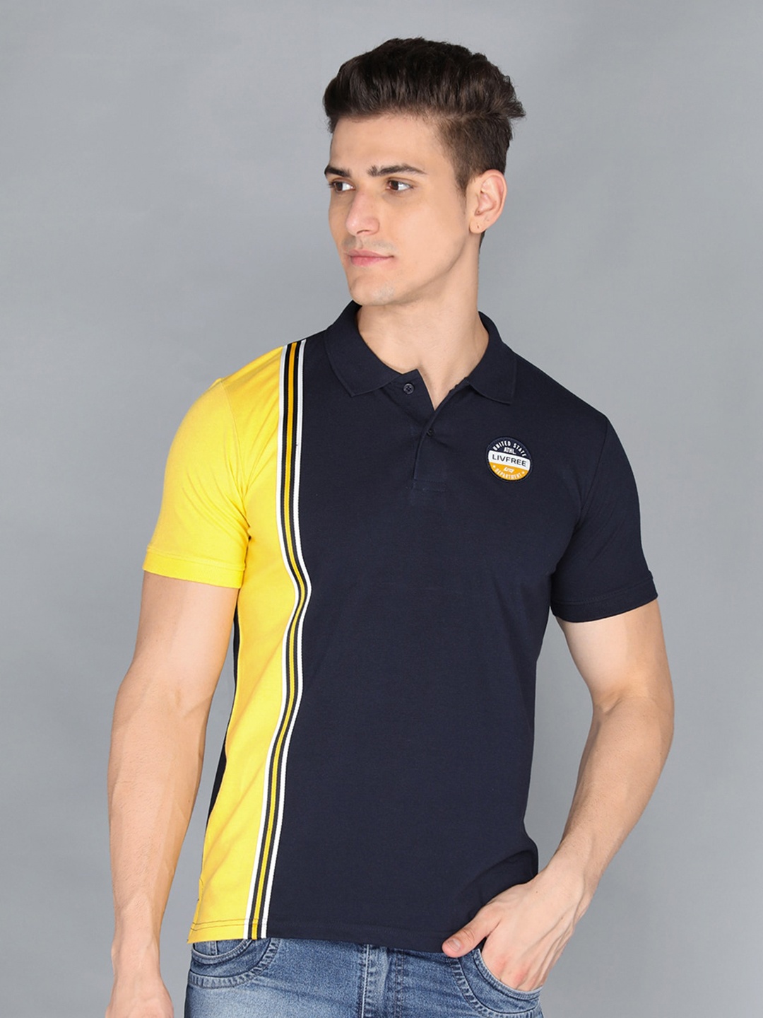 

LIVFREE Colourblocked Polo Collar T-shirt, Navy blue