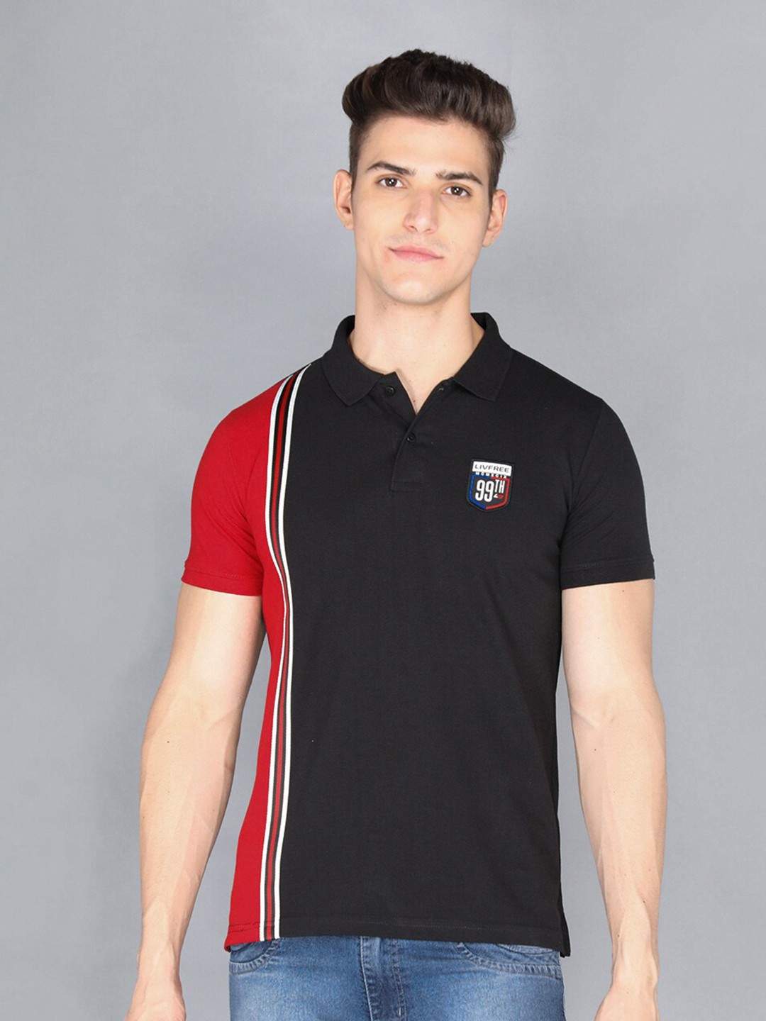 

LIVFREE Colourblocked Polo Collar T-shirt, Black