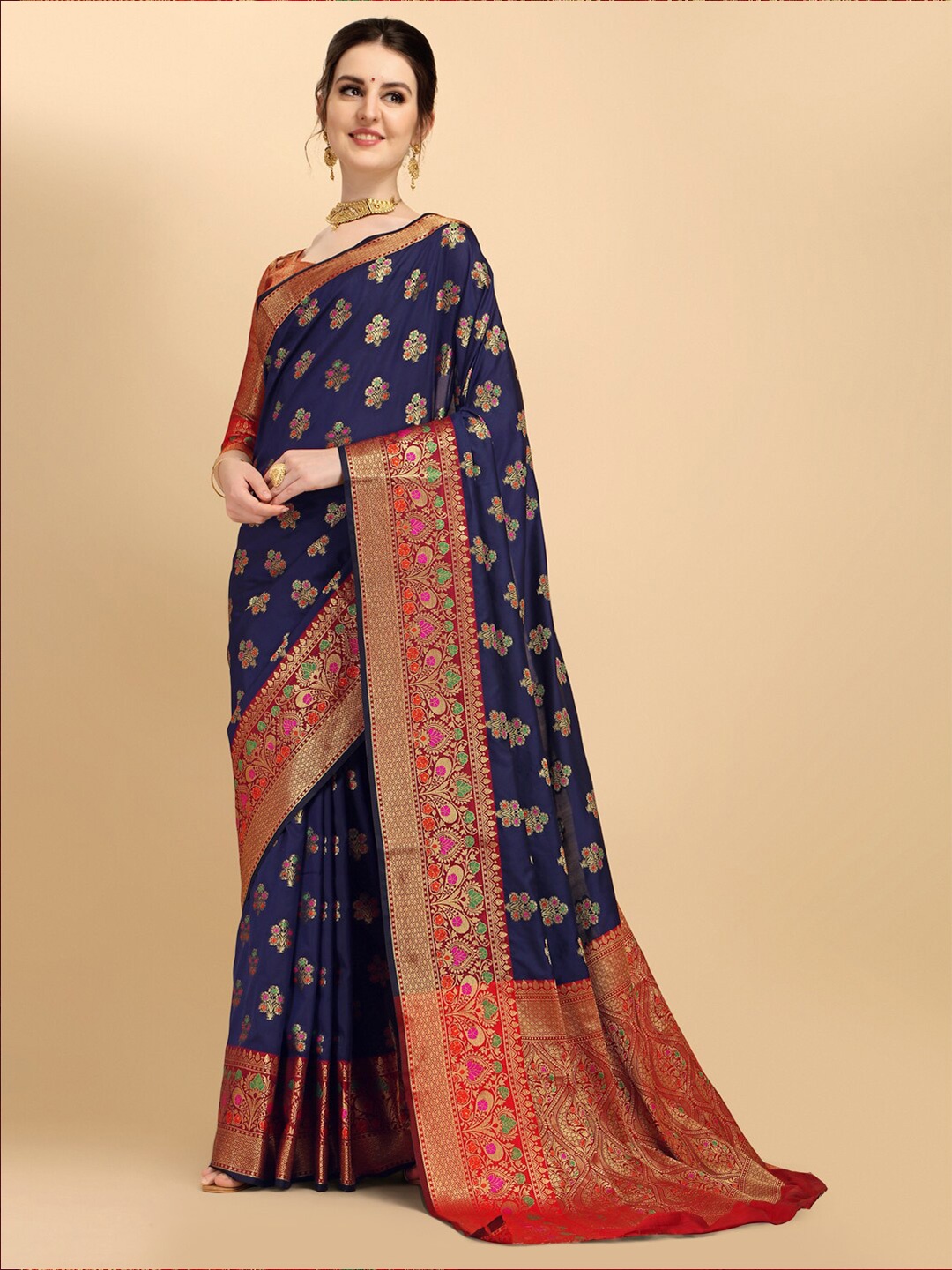 

Sangria Woven Design Zari Banarasi Saree Blouse Piece, Navy blue