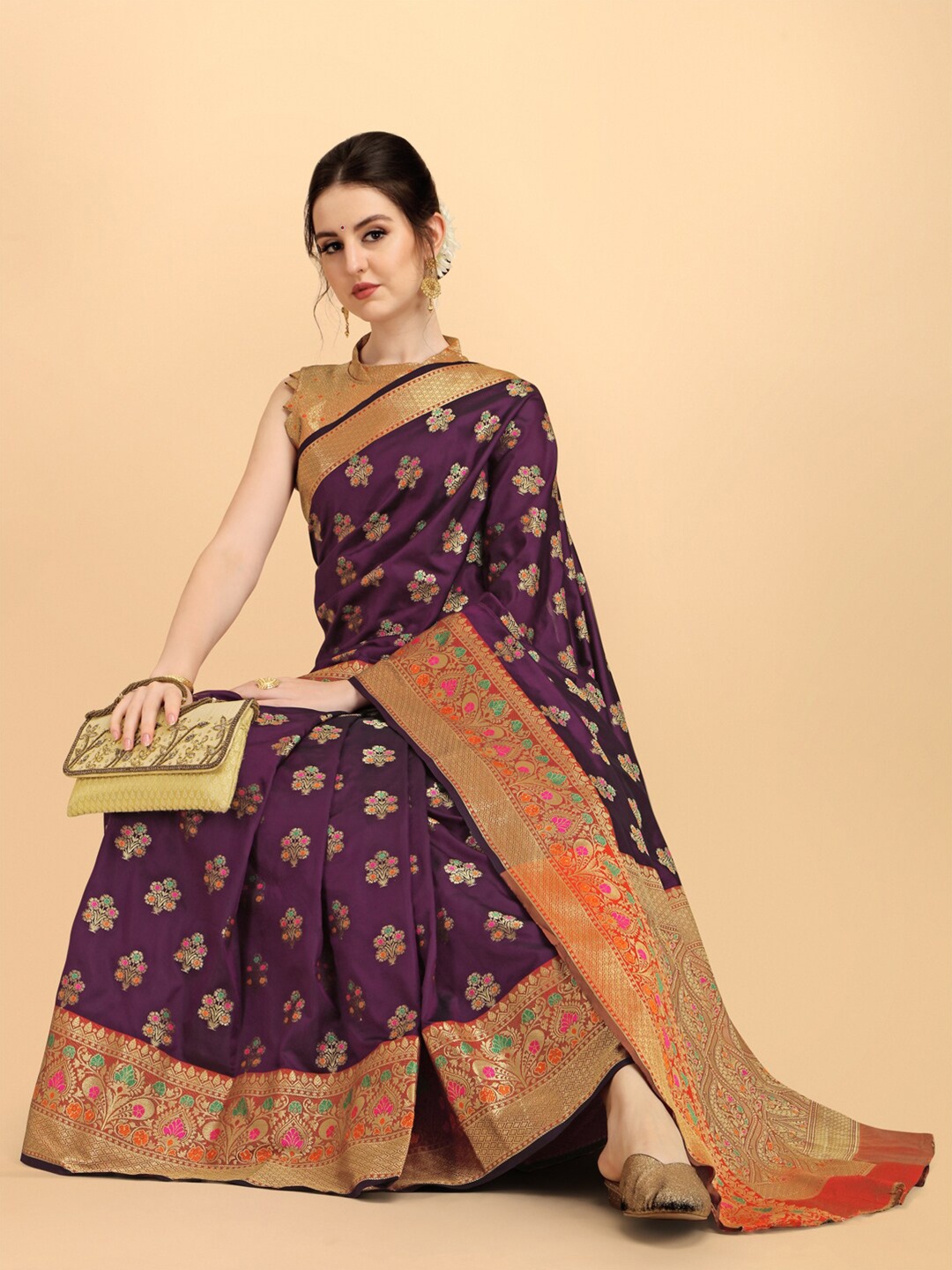 

Sangria Woven Design Zari Silk Blend Banarasi Saree Blouse Piece, Purple