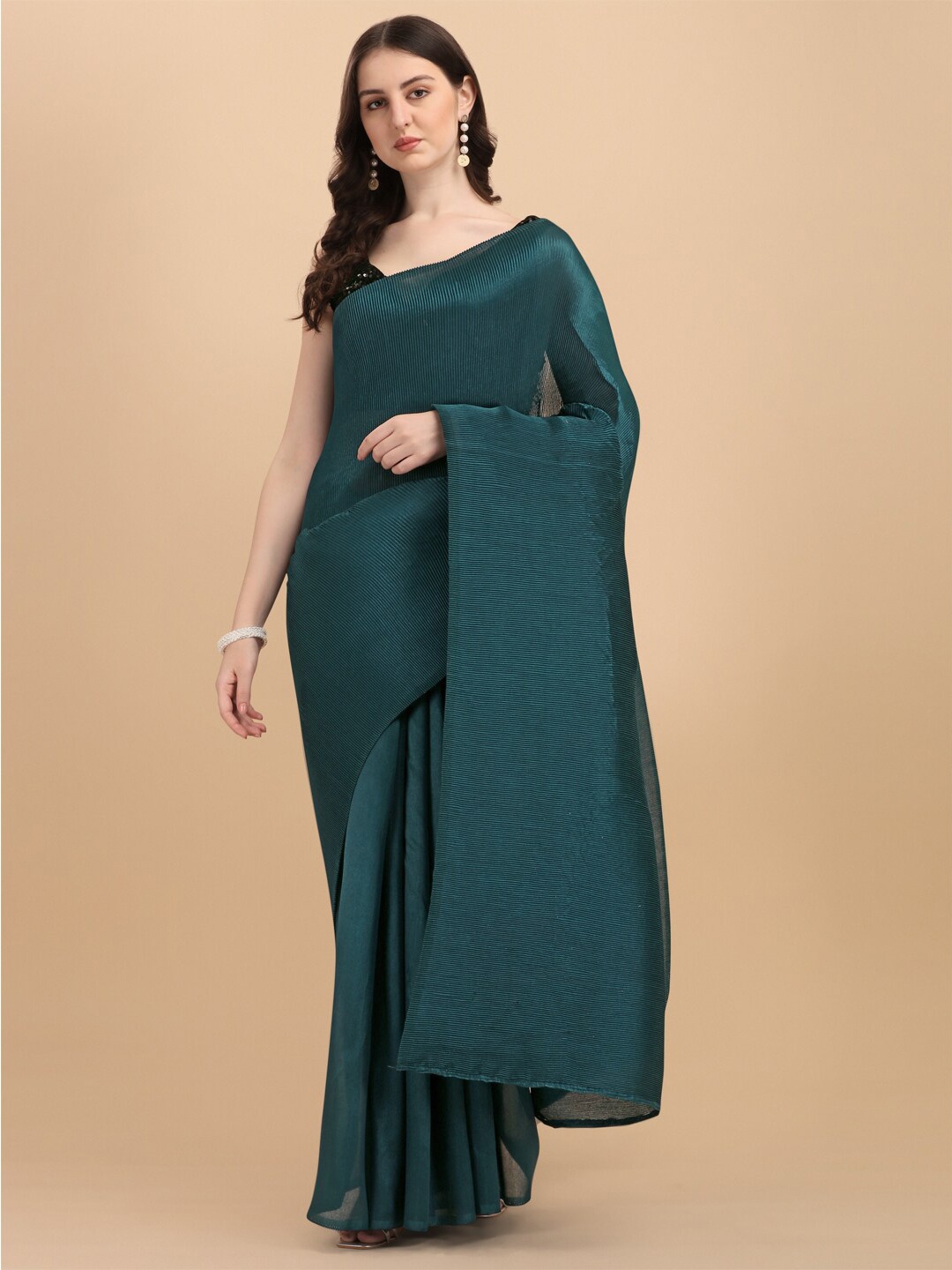 

Sangria Crush Pleated Satin Saree with Blouse Piece, Teal