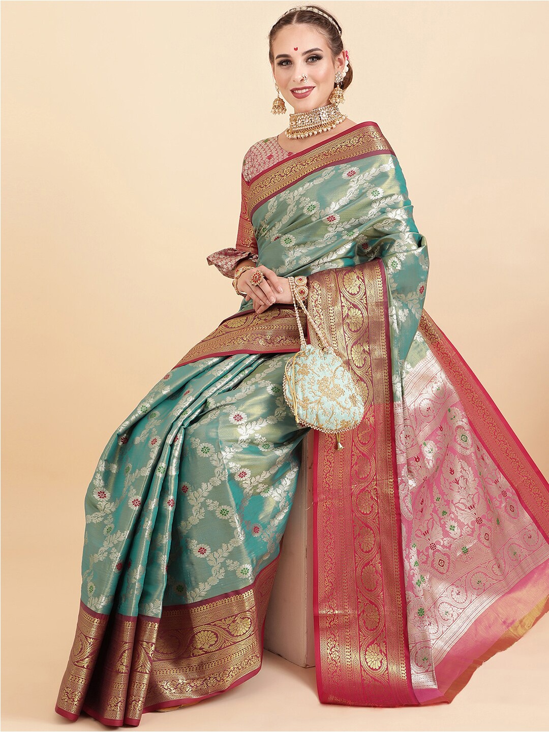 

Sangria Women Woven Design Embellished Zari Banarasi Saree, Green