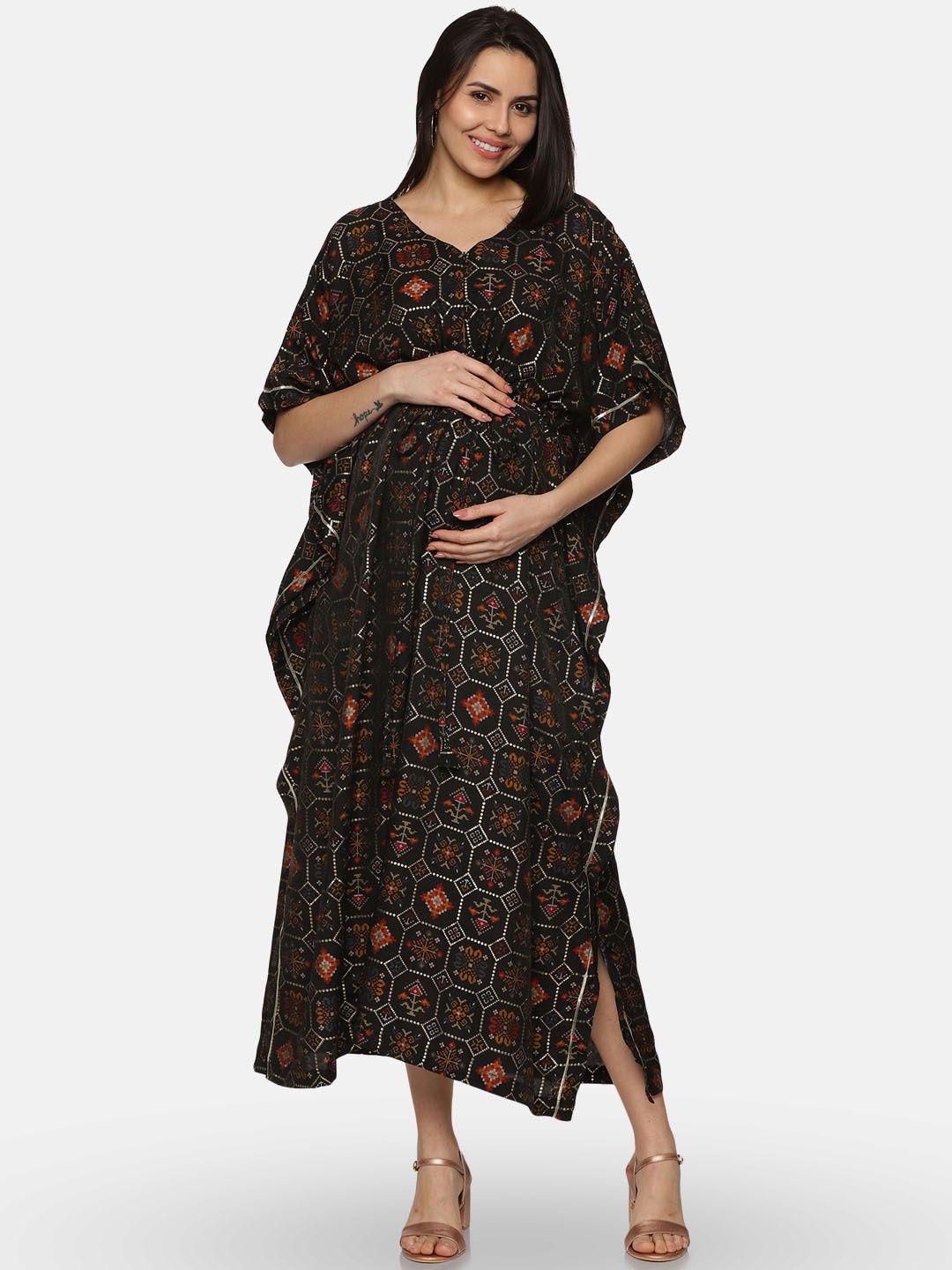 

CHARISMOMIC Floral Printed Maternity Kaftan Midi Dress, Black